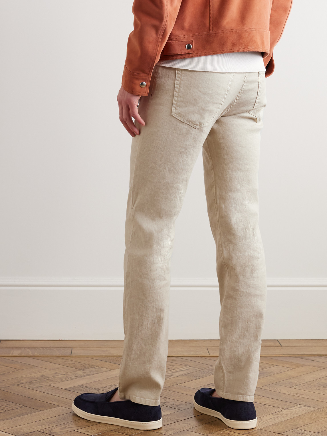 Shop Loro Piana Slim-fit Straight-leg Cotton And Linen-blend Trousers In Neutrals