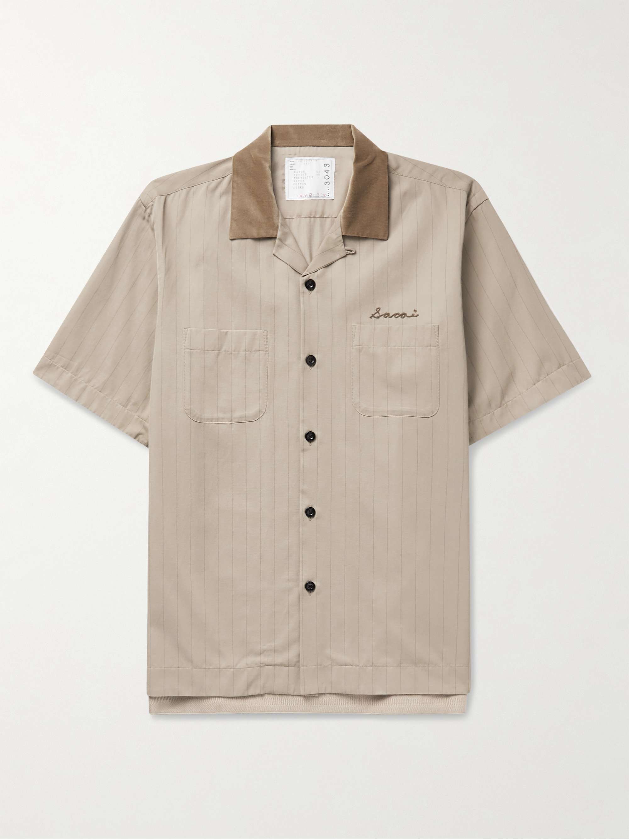 SACAI Camp-Collar Logo-Embroidered Striped Woven Shirt