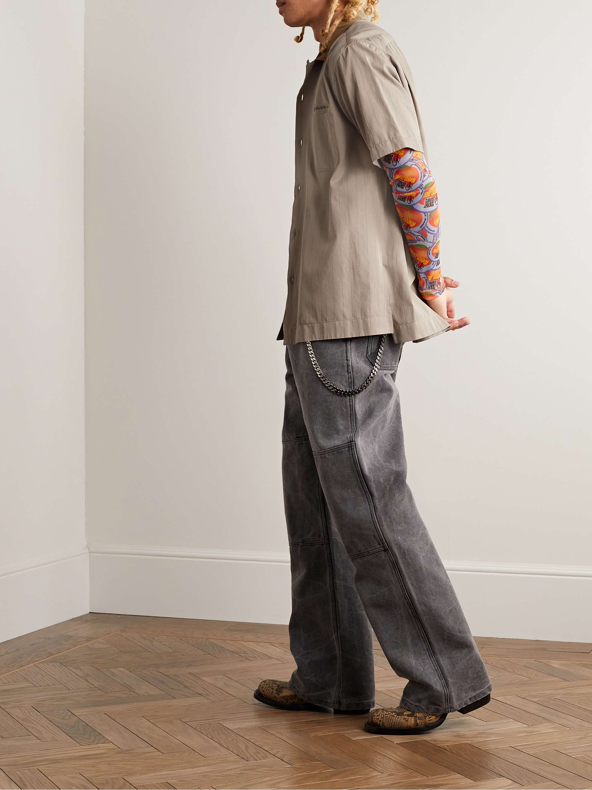 SACAI Camp-Collar Logo-Embroidered Striped Woven Shirt