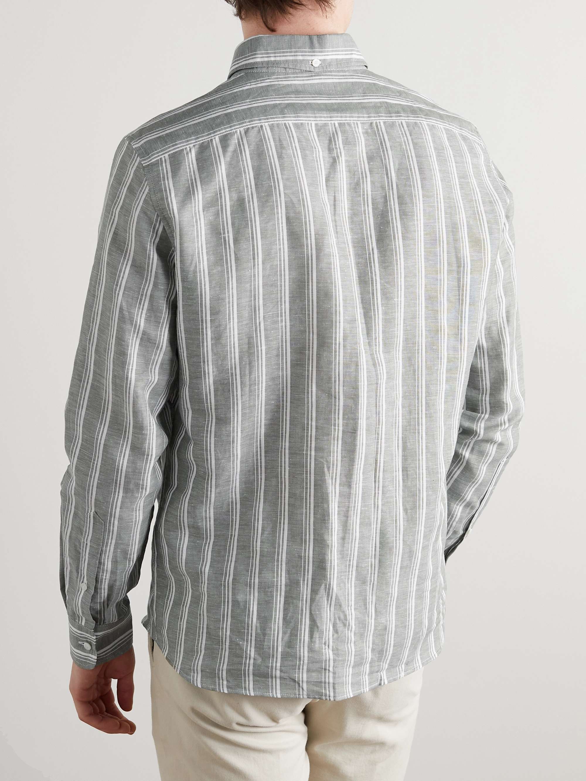 BRUNELLO CUCINELLI Button-Down Collar Striped Linen and Cotton-Blend Shirt