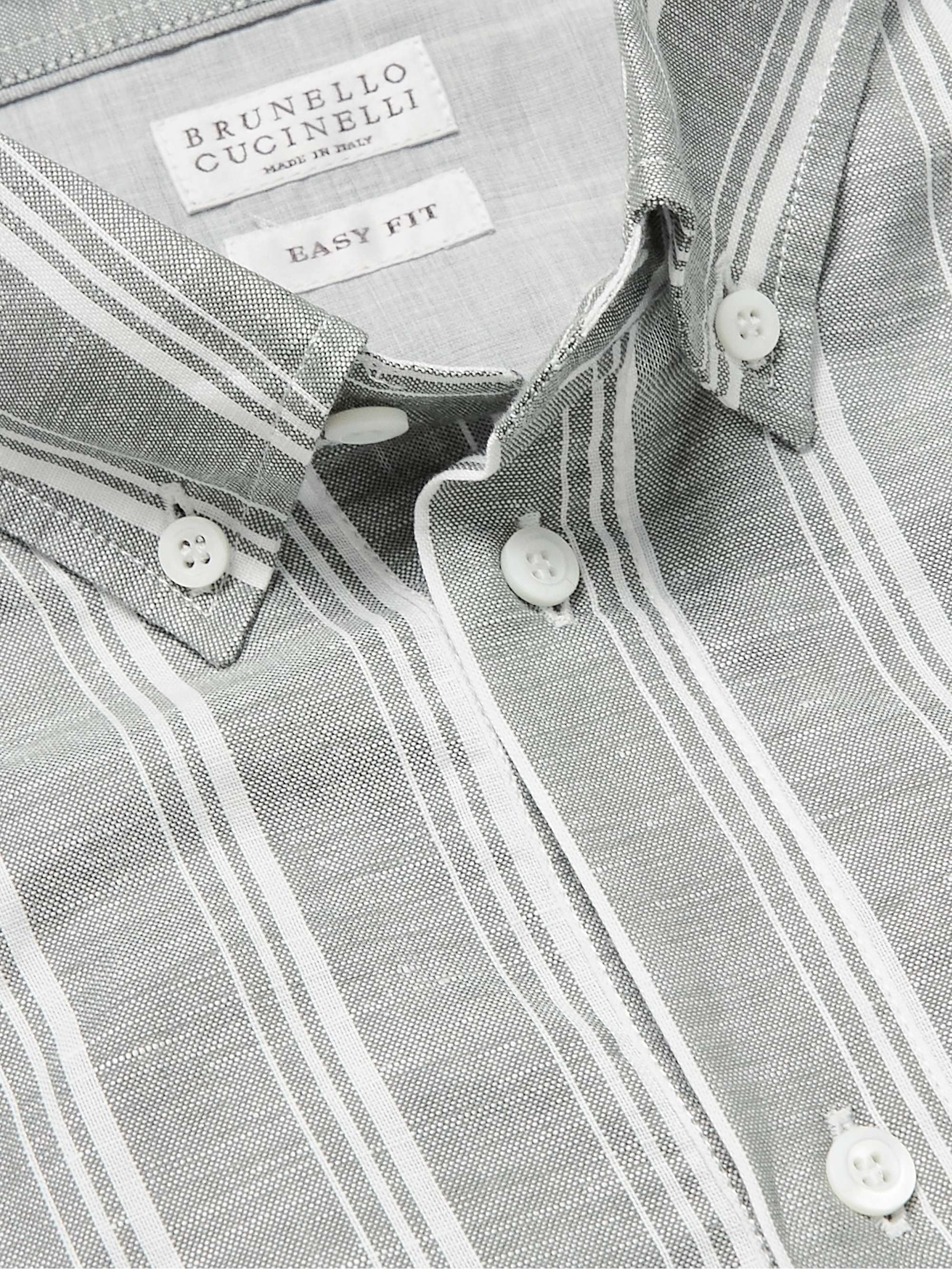 BRUNELLO CUCINELLI Button-Down Collar Striped Linen and Cotton-Blend Shirt