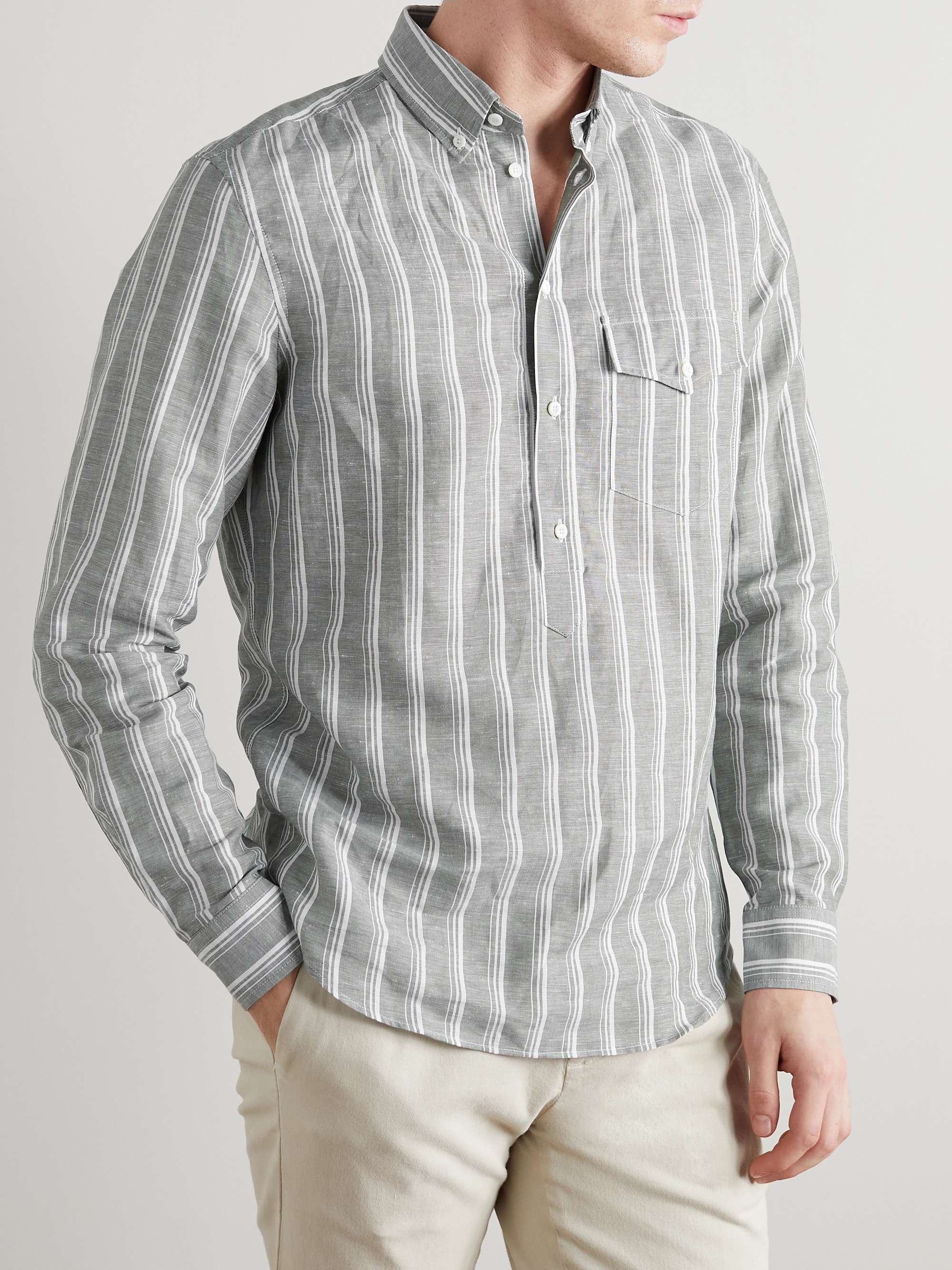 BRUNELLO CUCINELLI Button-Down Collar Striped Linen and Cotton-Blend Shirt