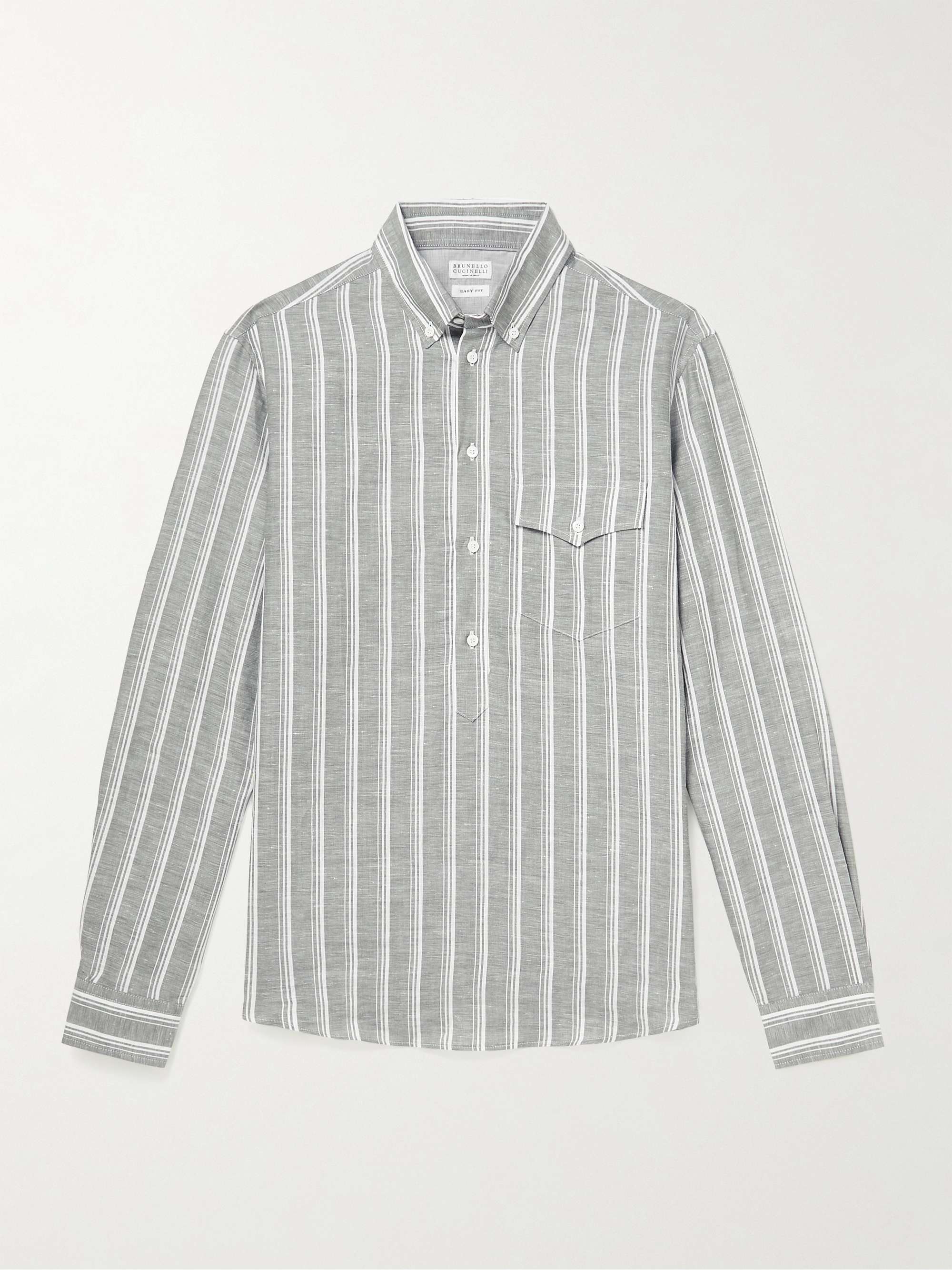 BRUNELLO CUCINELLI Button-Down Collar Striped Linen and Cotton-Blend ...