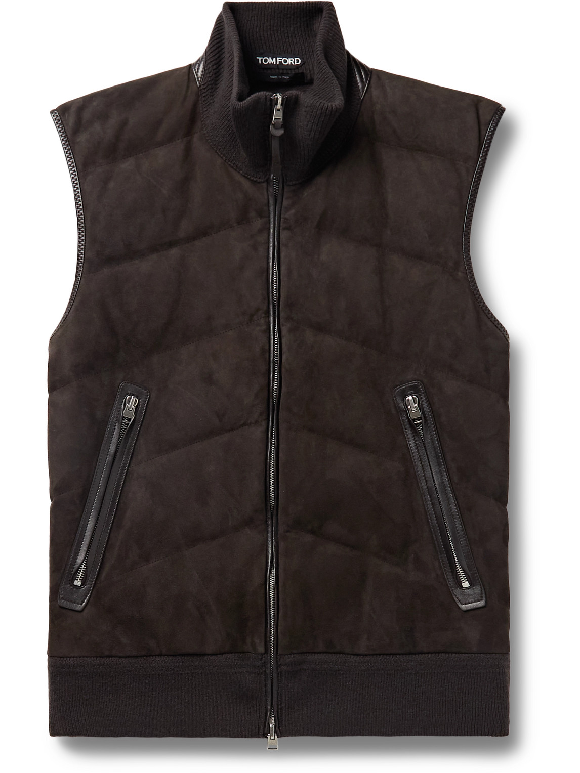 Tom Ford Slim-fit Quilted Suede-panelled Wool And Cashmere-blend Down Gilet In Brown