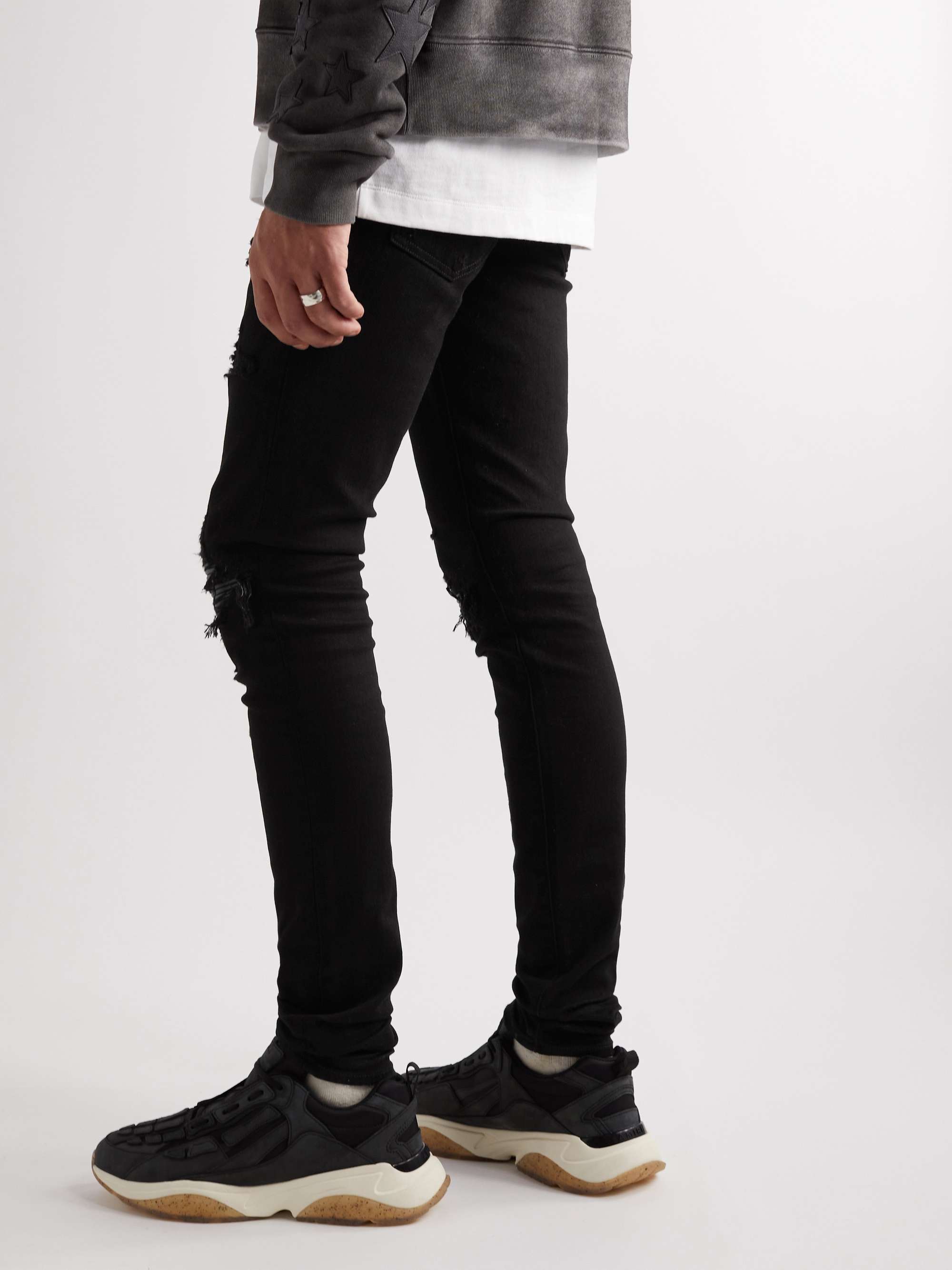 AMIRI MX1 Skinny-Fit Distressed Leather-Panelled Jeans