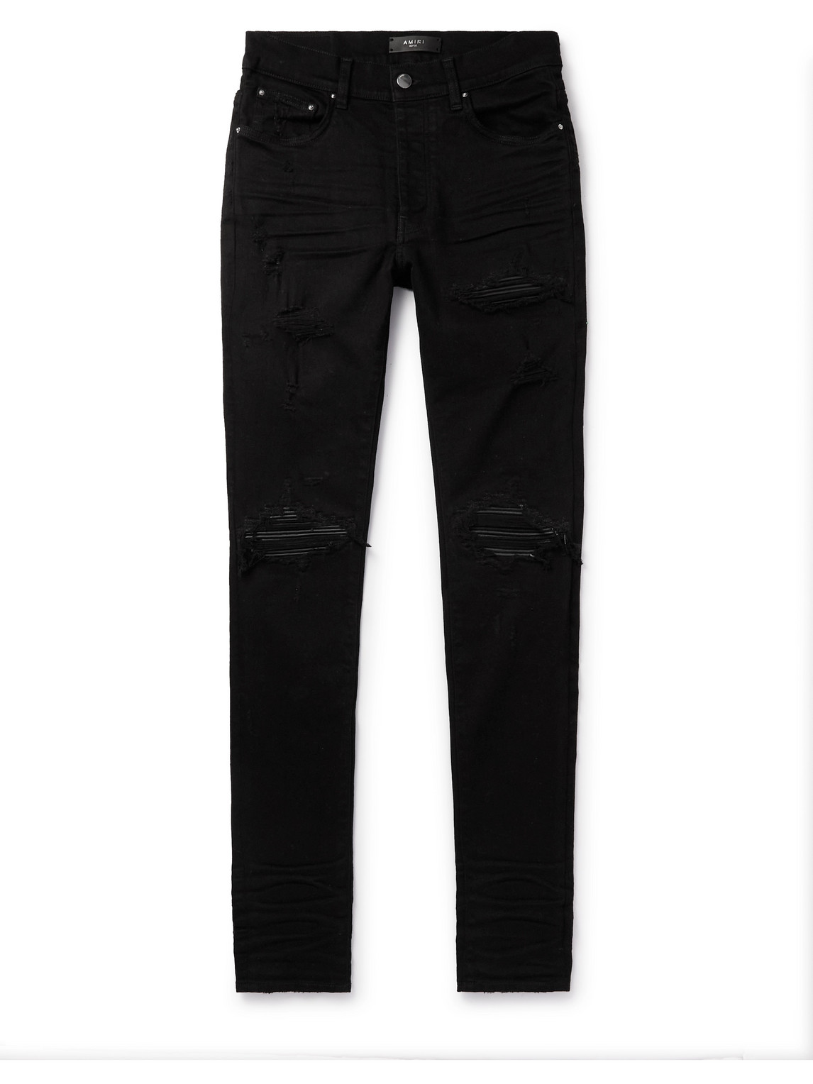 Amiri Mx1 Skinny-fit Leather-panelled Distressed Jeans In Black | ModeSens