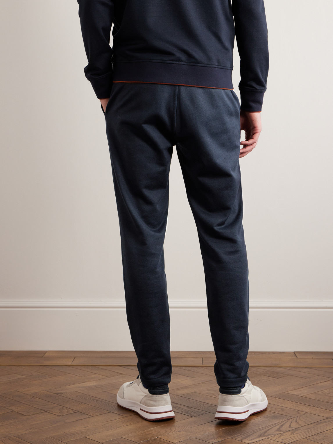 Shop Loro Piana Tapered Cotton And Linen-blend Fleece Sweatpants In Blue