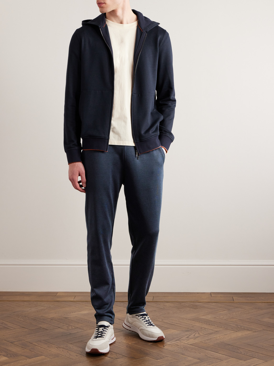 Shop Loro Piana Tapered Cotton And Linen-blend Fleece Sweatpants In Blue