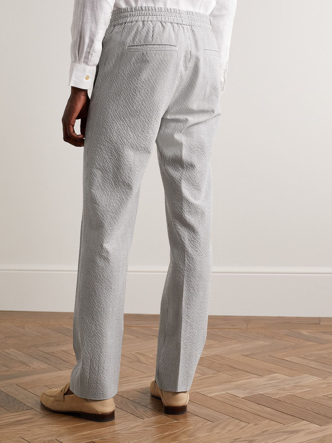 Shop Loro Piana Slim-fit Straight-leg Striped Wool-blend Seersucker Trousers In Gray