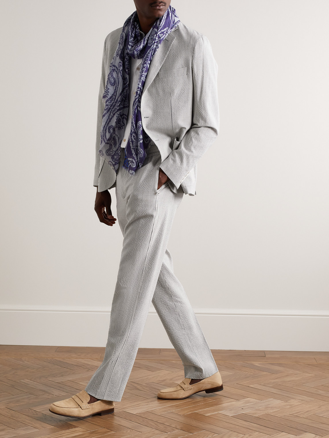 Shop Loro Piana Slim-fit Straight-leg Striped Wool-blend Seersucker Trousers In Gray