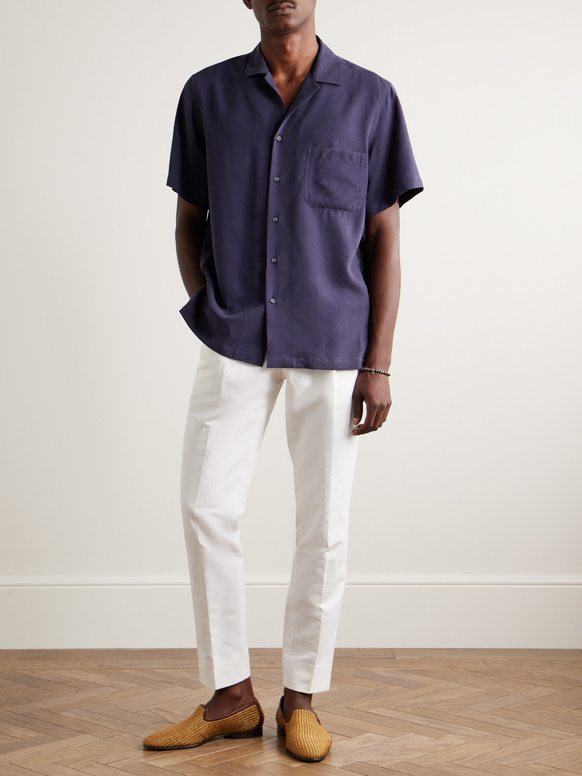 Loro Piana Camp-collar Washed-silk Shirt In Blue