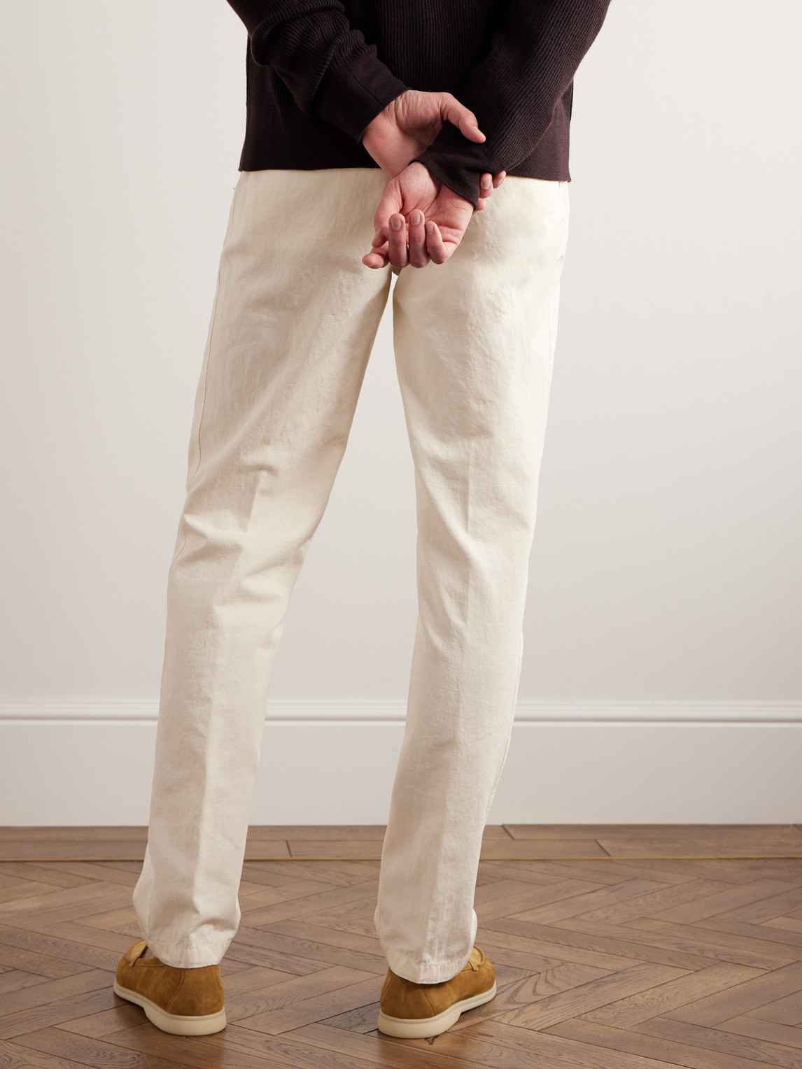 Shop Loro Piana Straight-leg Pleated Cotton And Linen-blend Trousers In White