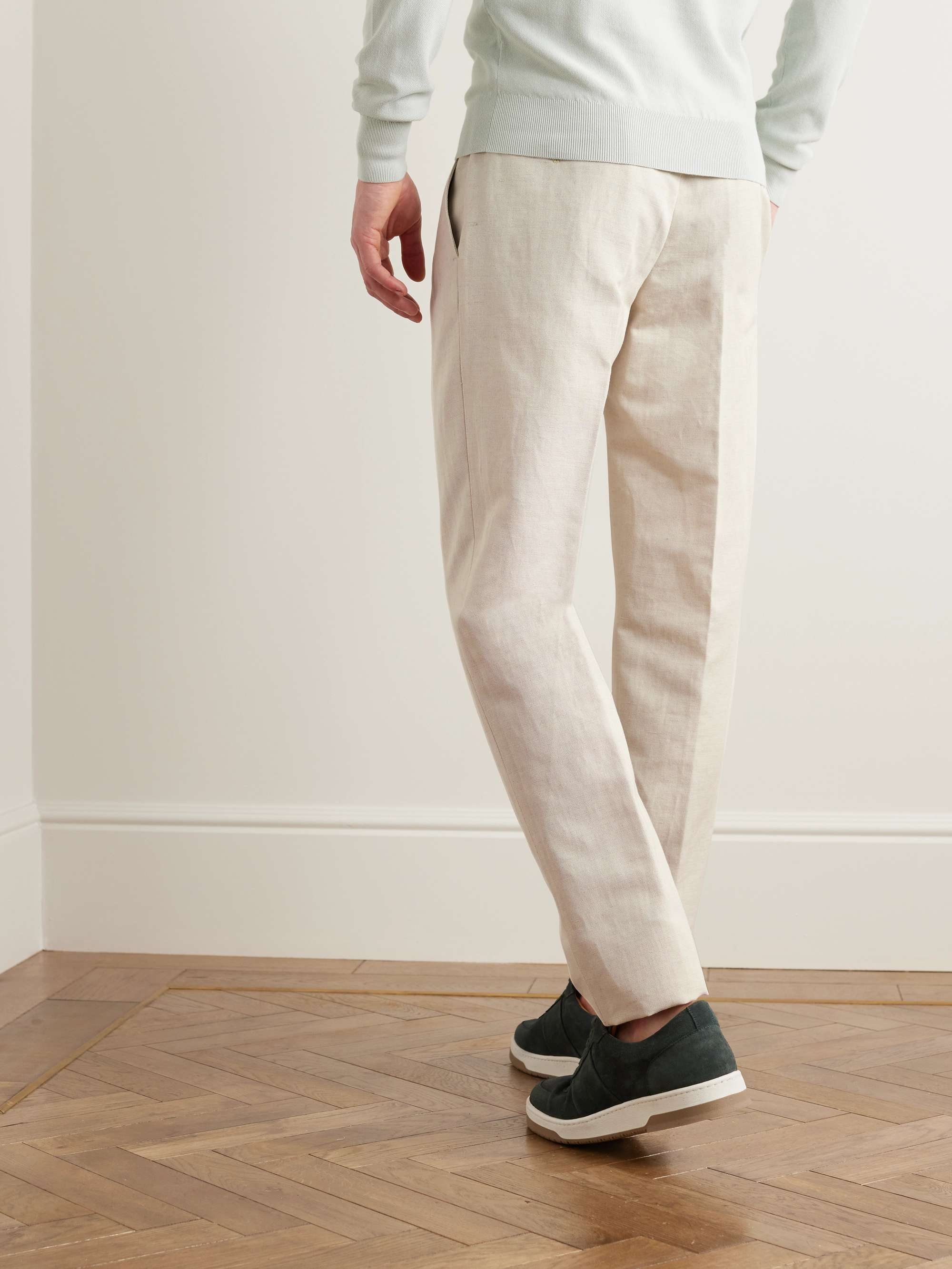 LORO PIANA Pleated Straight-Leg Cotton and Linen-Blend Trousers