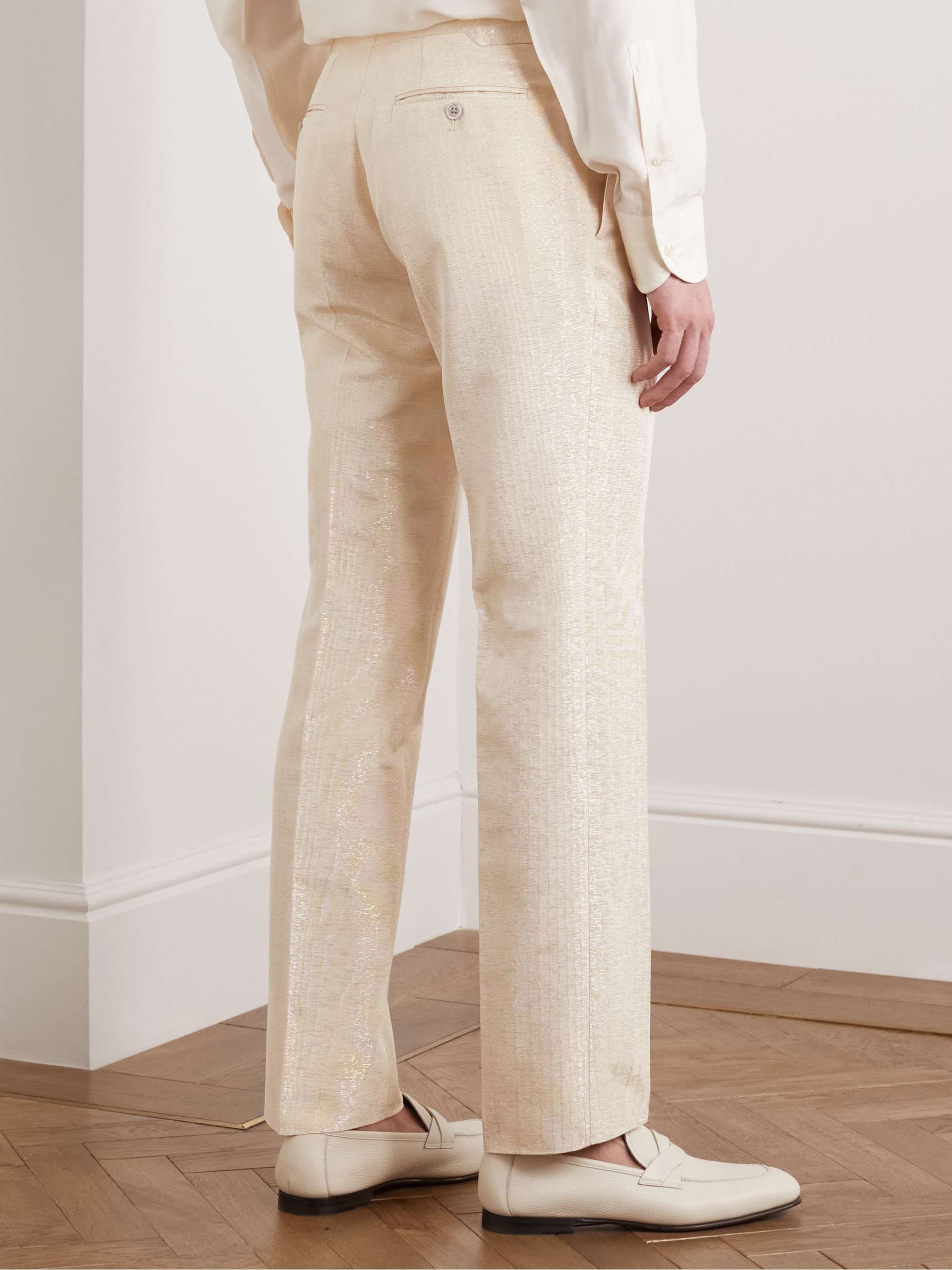 TOM FORD Austin Straight-Leg Pleated Metallic Woven Tuxedo Trousers
