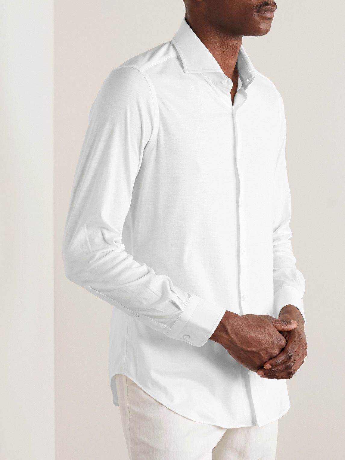 Shop Loro Piana Andrew Cutaway-collar Slim-fit Cotton-jersey Shirt In White