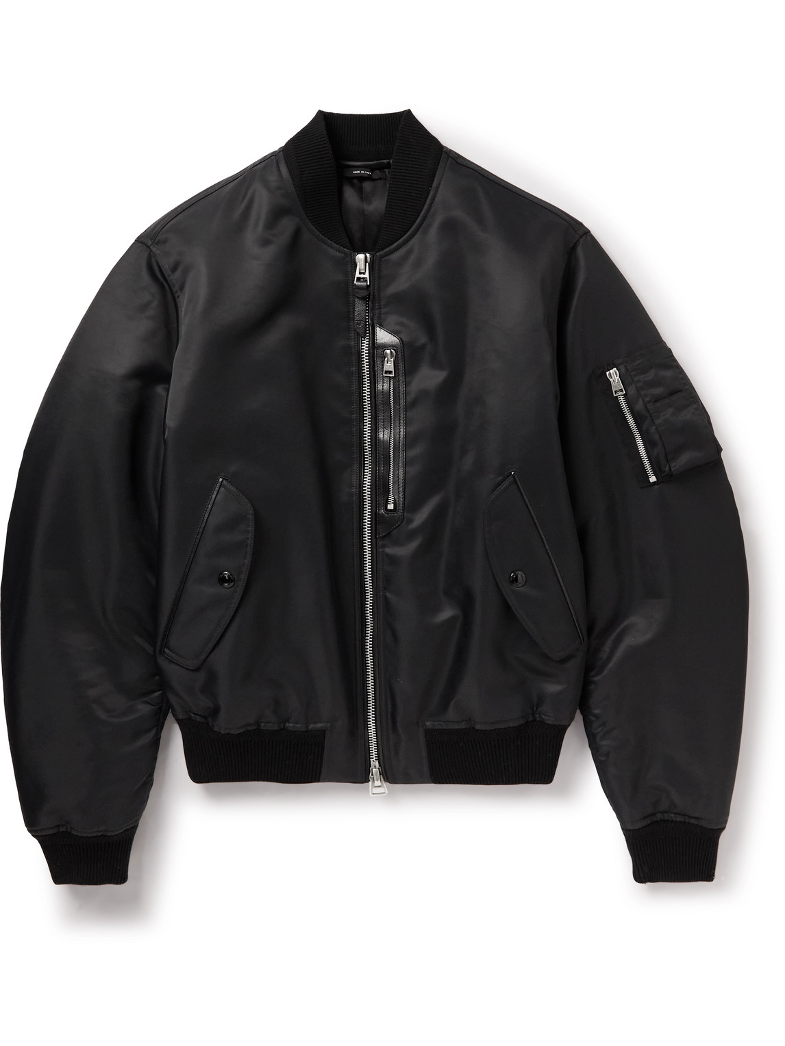 Leather-Trimmed Shell Bomber Jacket