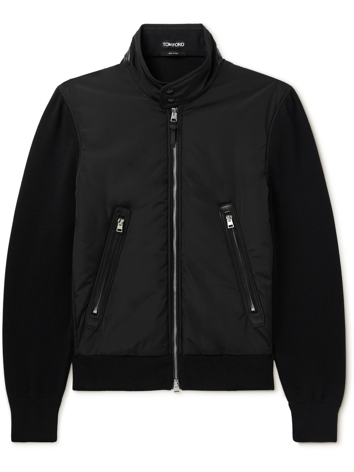Leather-Trimmed Nylon and Merino Wool Harrington Jacket