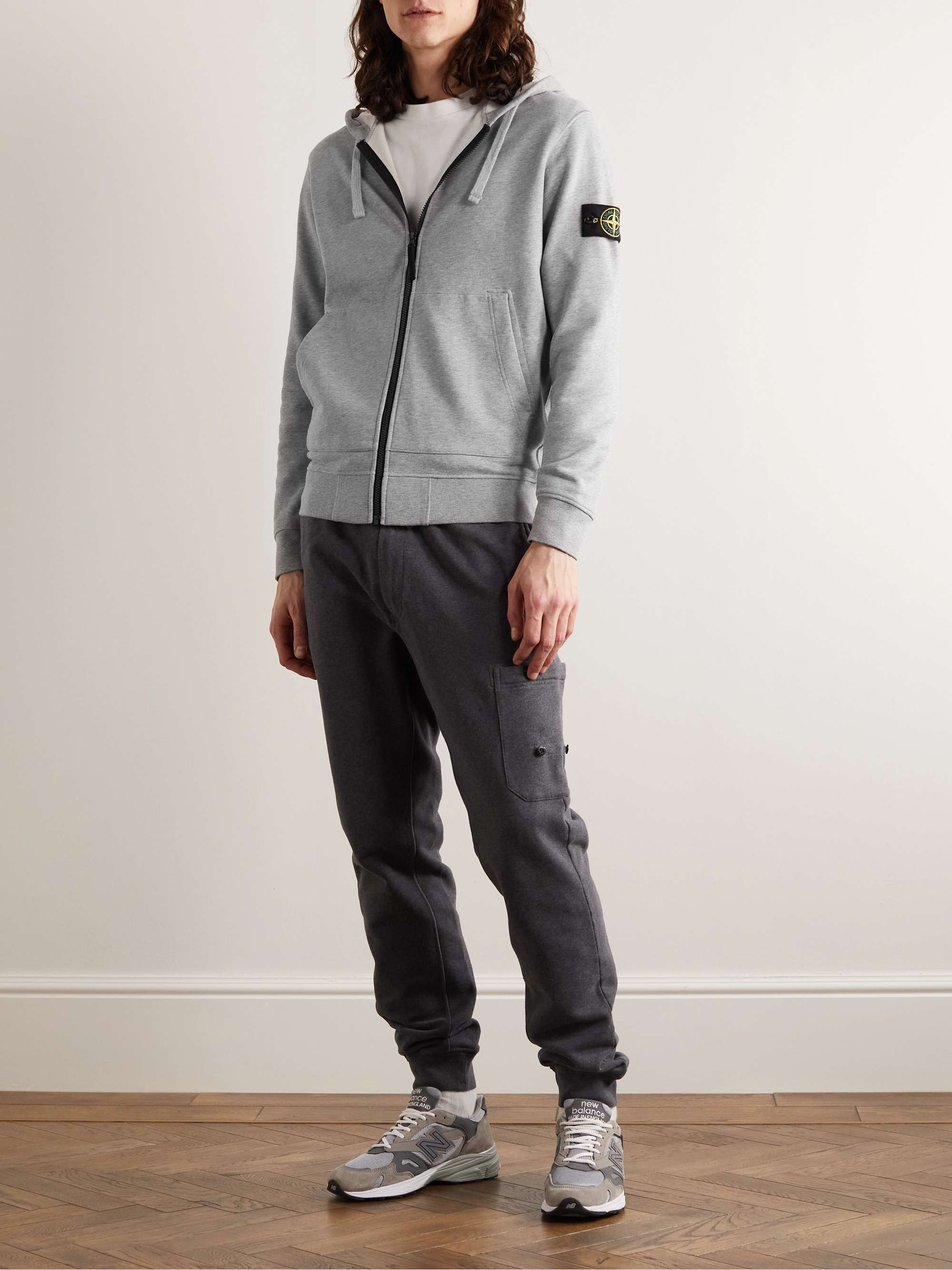 STONE ISLAND Garment-Dyed Logo-Appliquéd Cotton-Jersey Zip-Up Hoodie