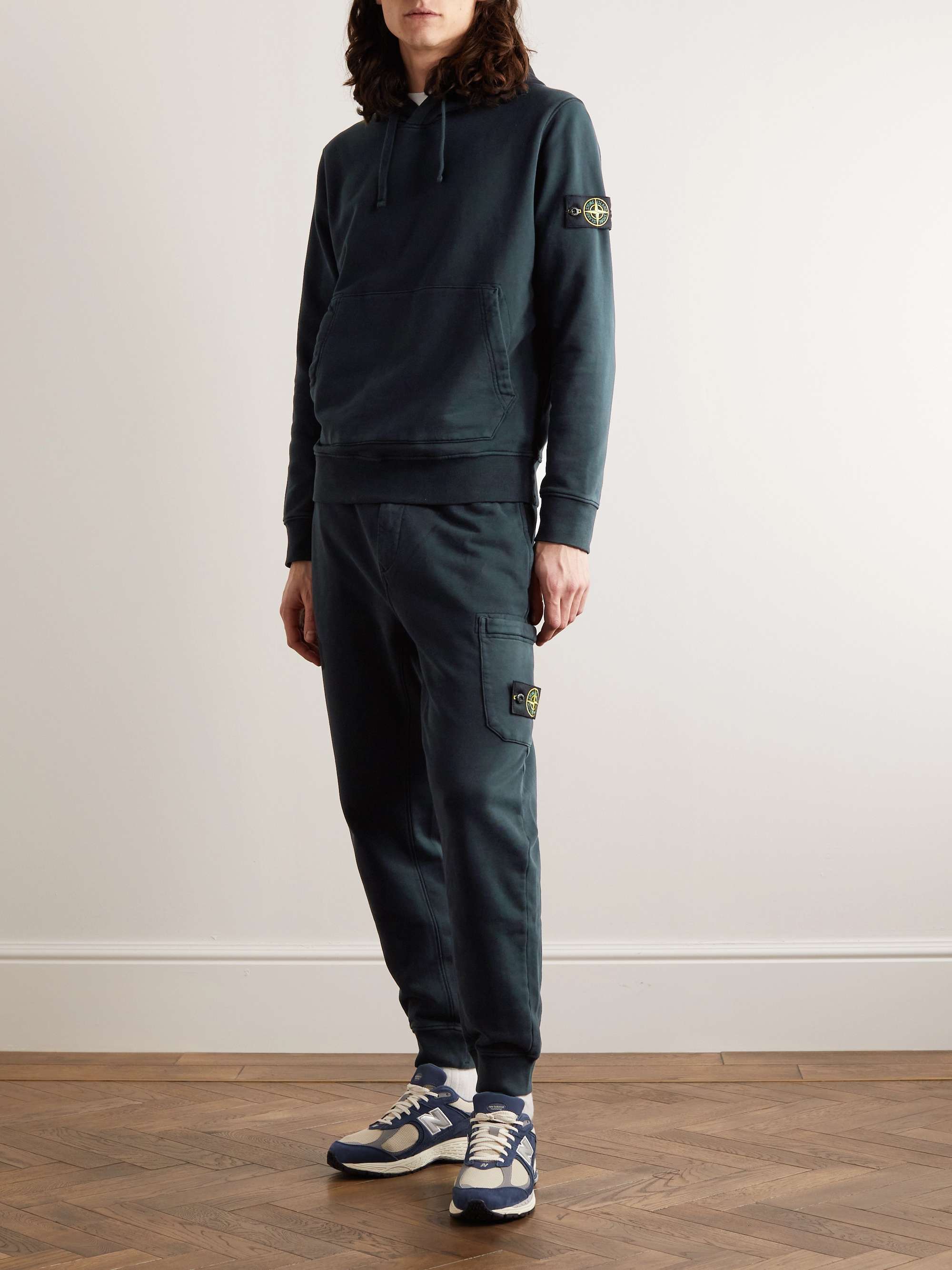 STONE ISLAND Garment-Dyed Logo-Appliquéd Cotton-Jersey Hoodie