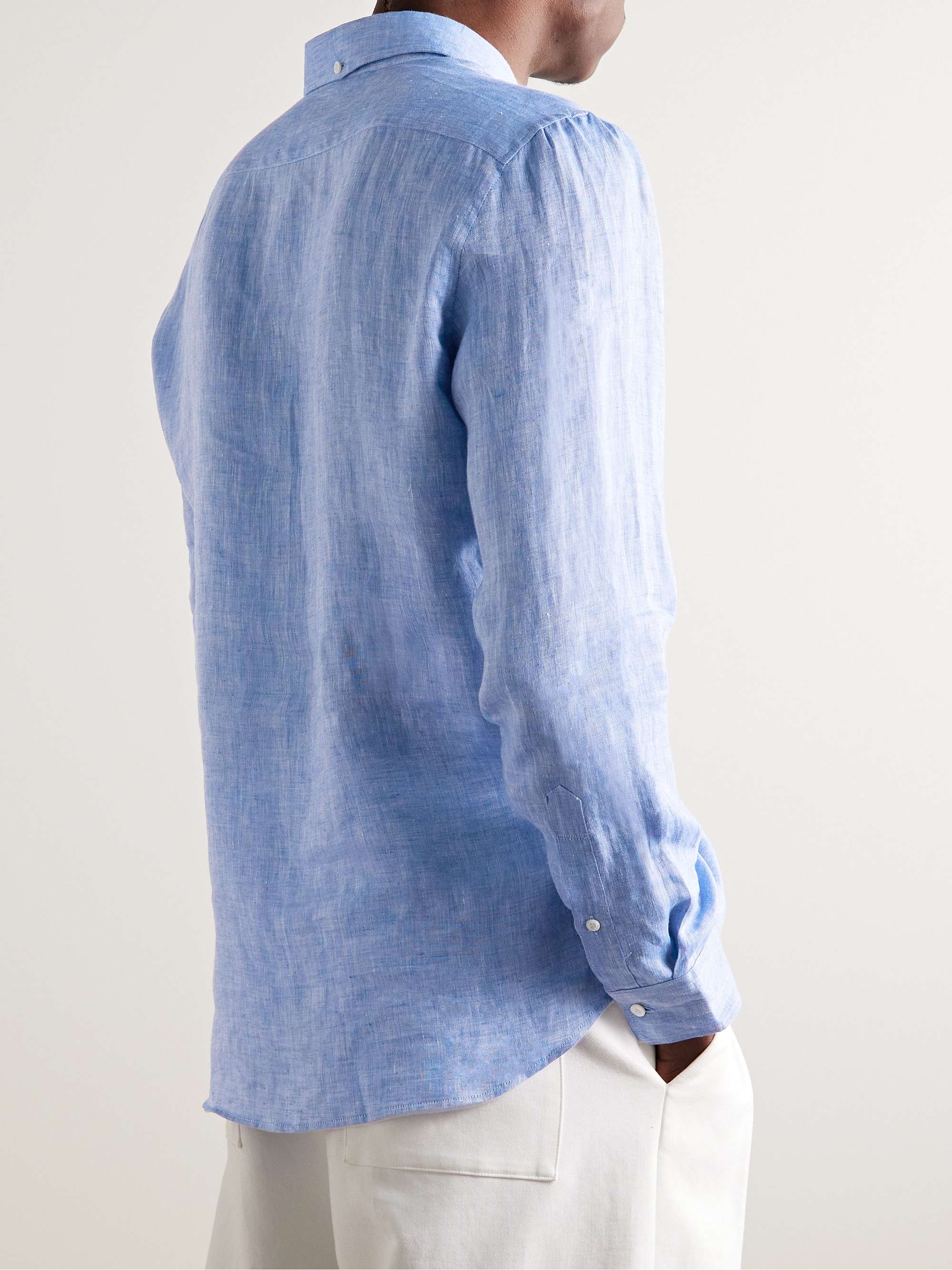 BRUNELLO CUCINELLI Button-Down Collar Slub Linen Half-Placket Shirt