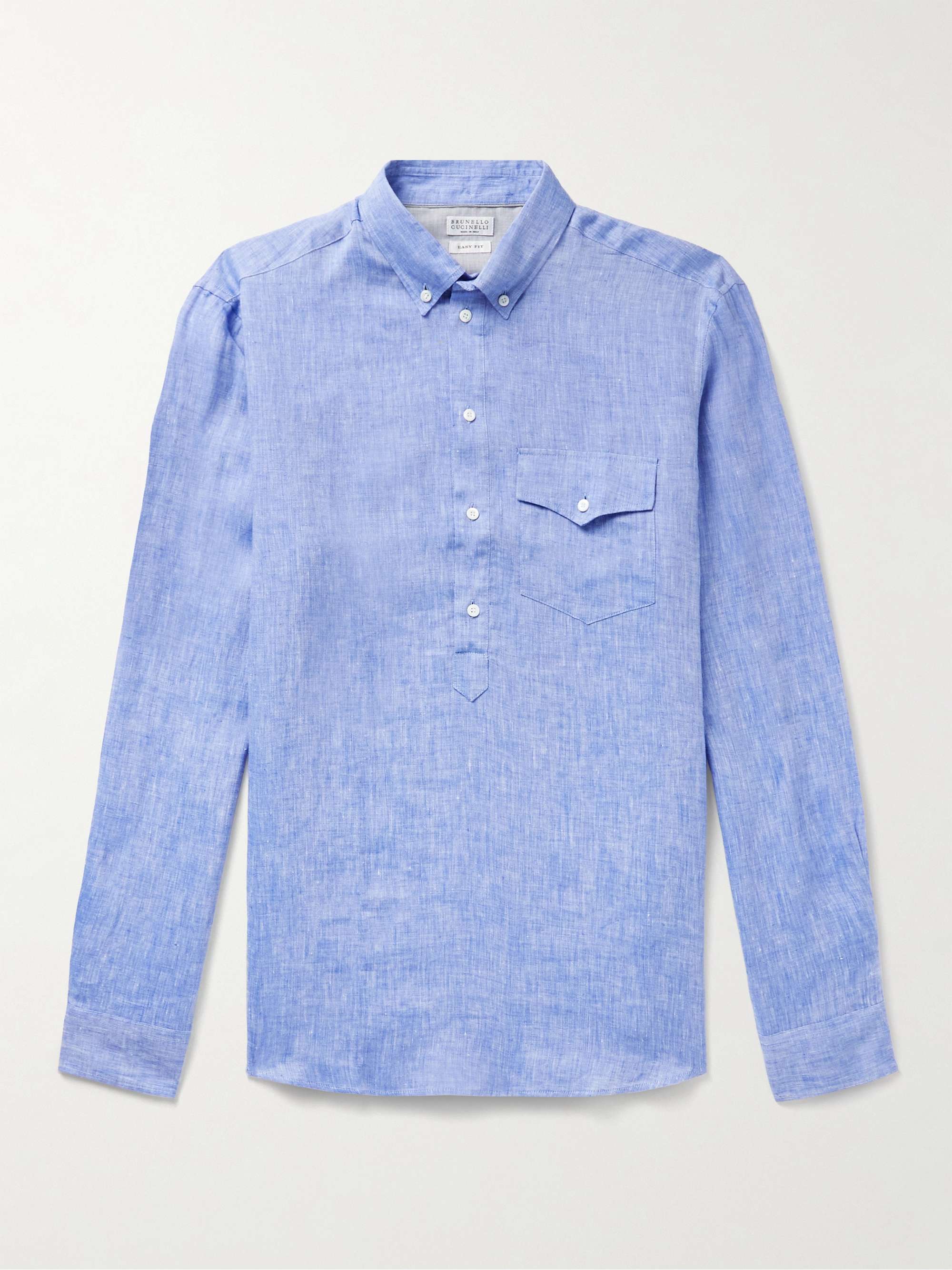 BRUNELLO CUCINELLI Button-Down Collar Slub Linen Half-Placket Shirt