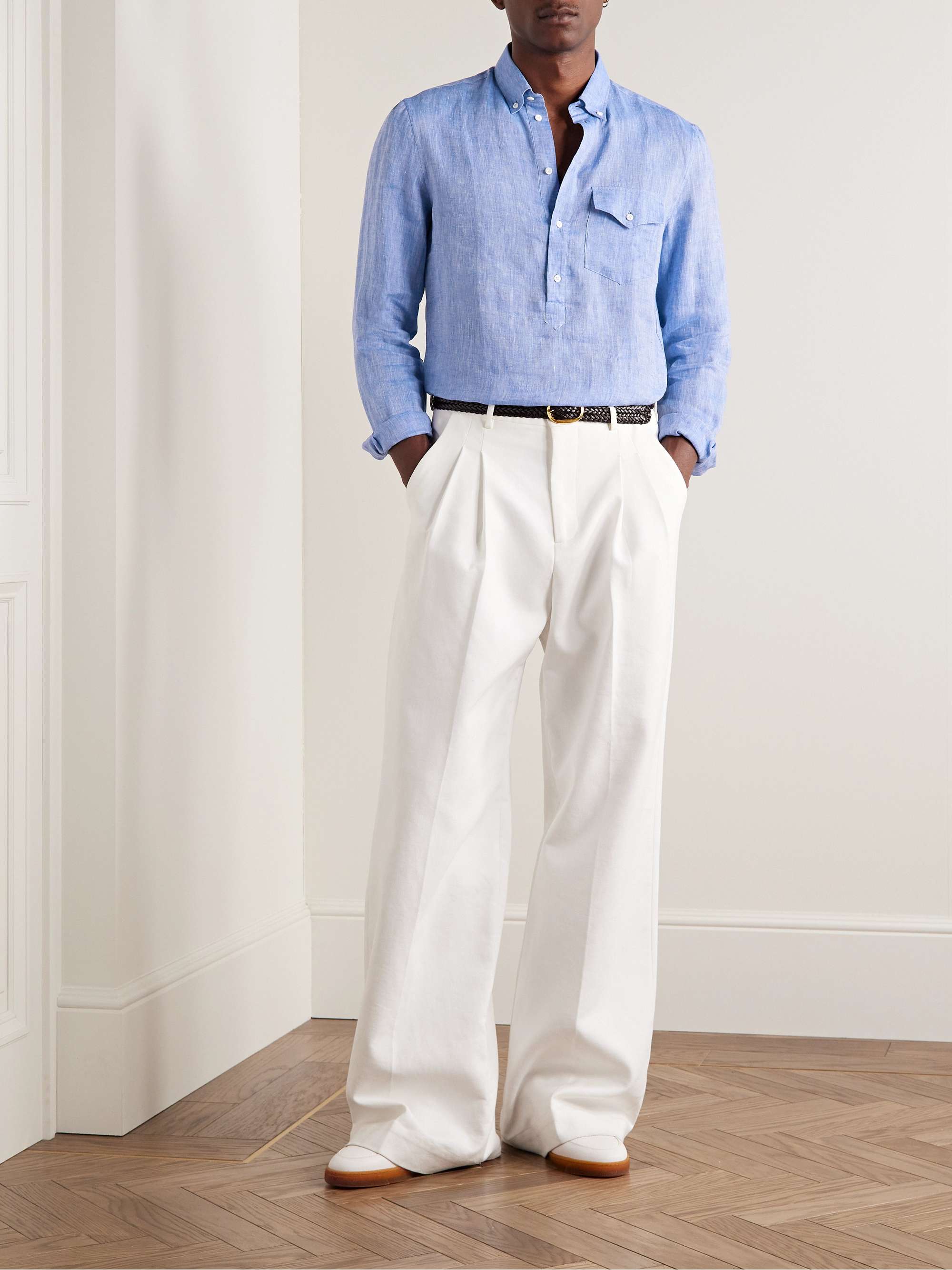 BRUNELLO CUCINELLI Button-Down Collar Slub Linen Half-Placket Shirt