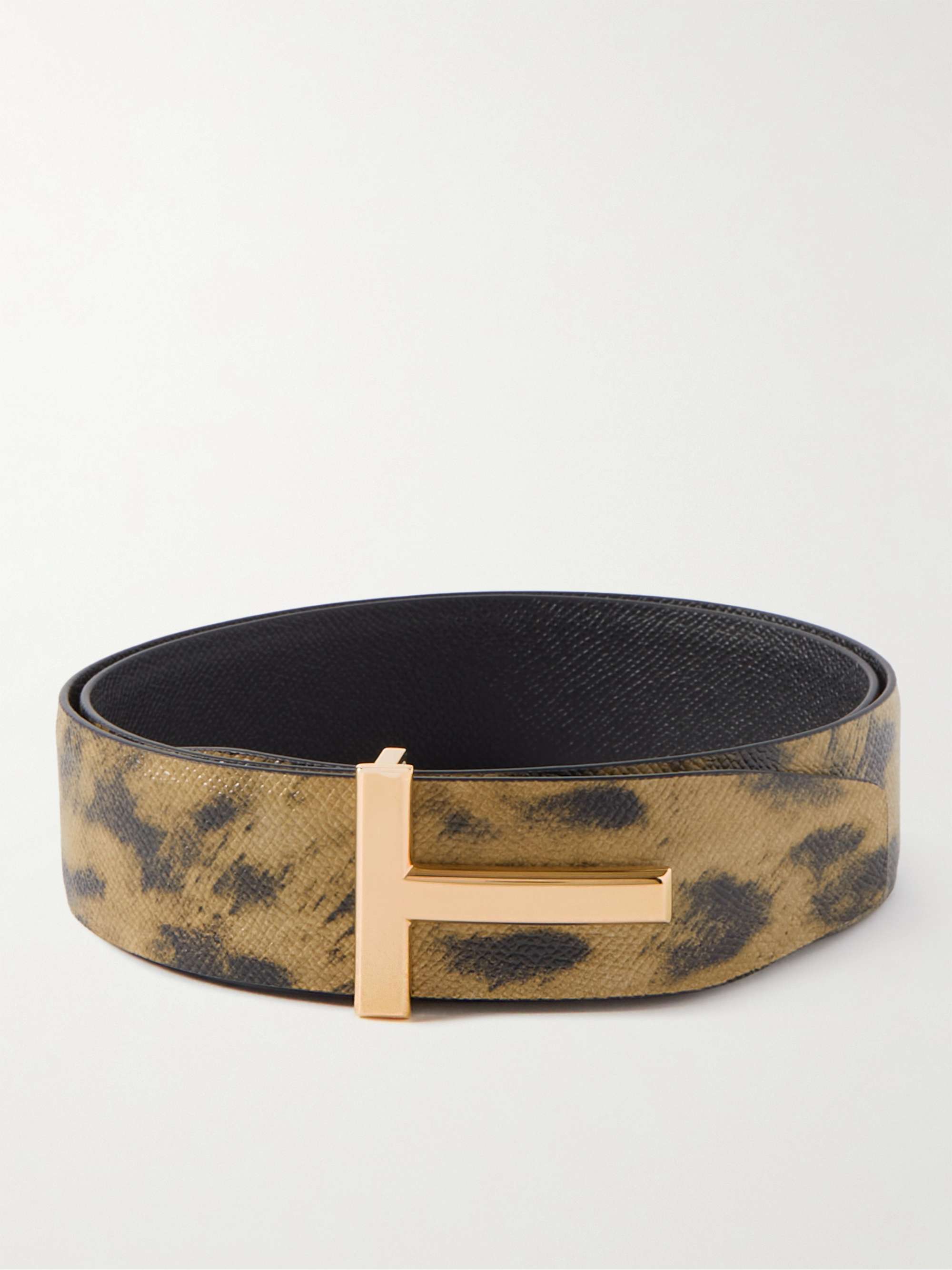 TOM FORD 4cm Reversible Distressed Leopard-Print Full-Grain Leather Belt