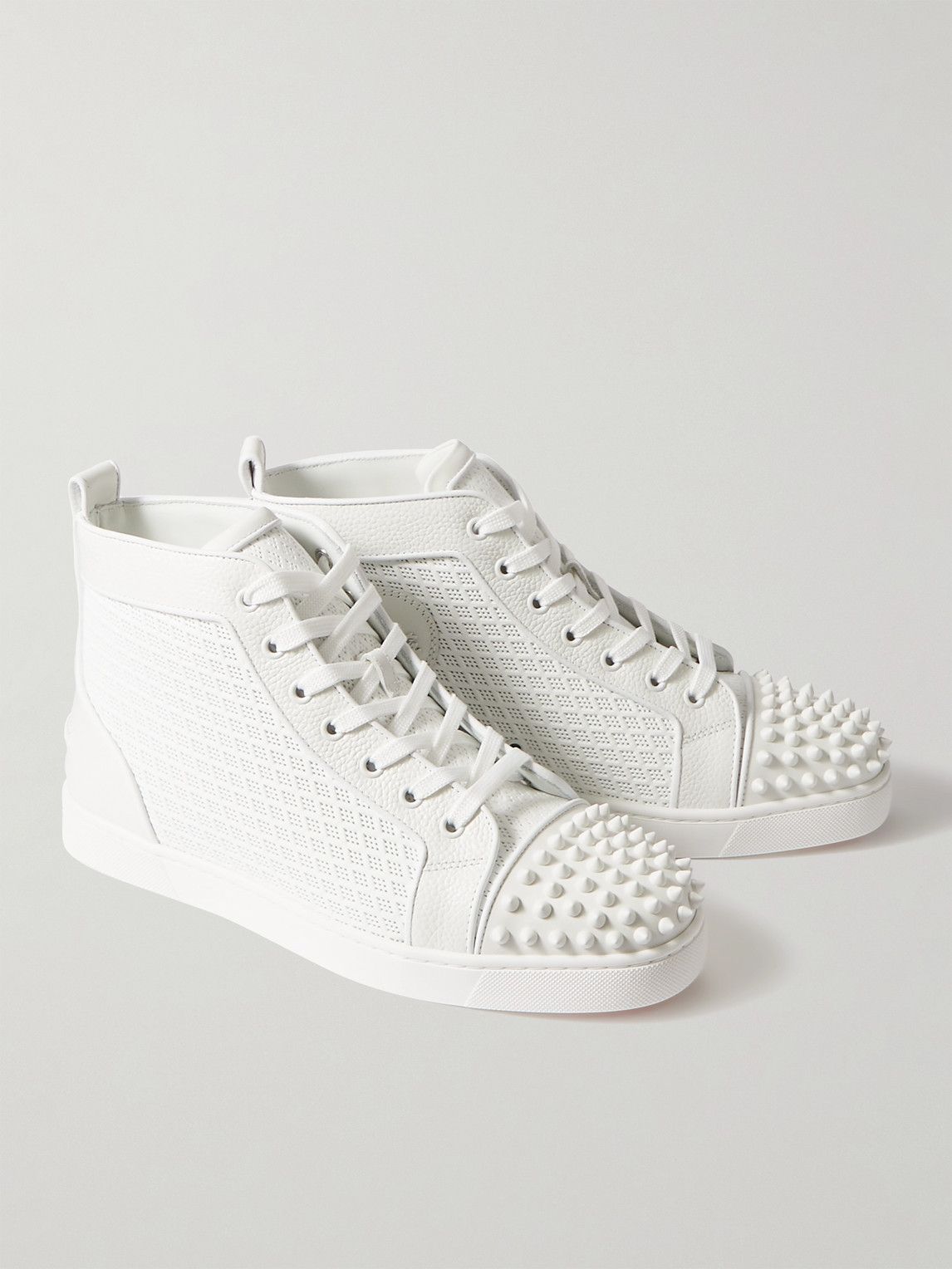 Shop Christian Louboutin Lou Spikes Orlato Studded Leather And Mesh High-top Sneakers In White