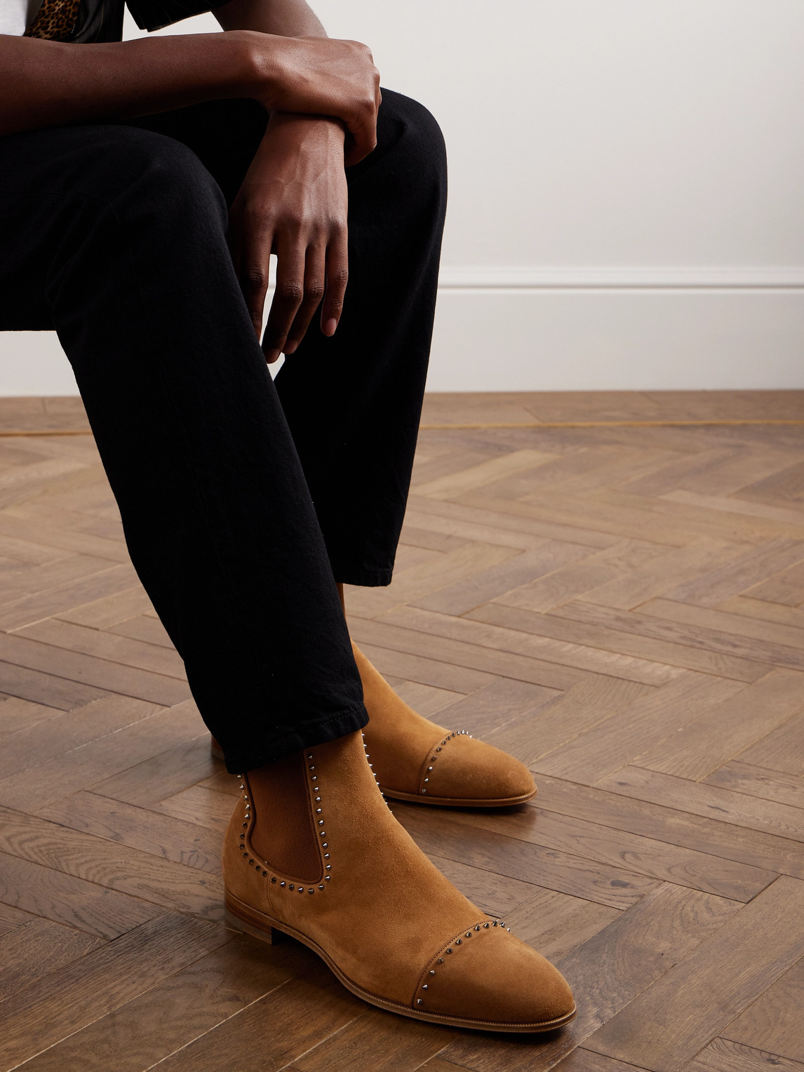 Shop Christian Louboutin Spiked Suede Chelsea Boots In Brown