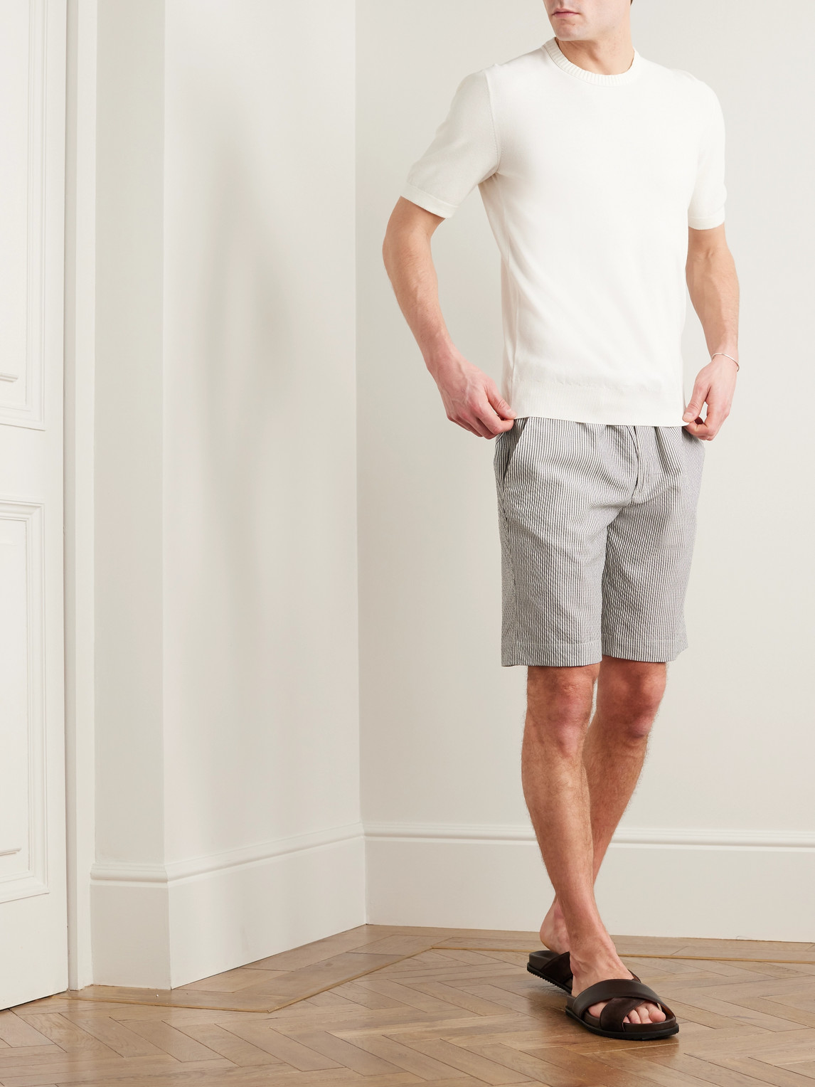 Shop Loro Piana Straight-leg Striped Wool-blend Shorts In Gray