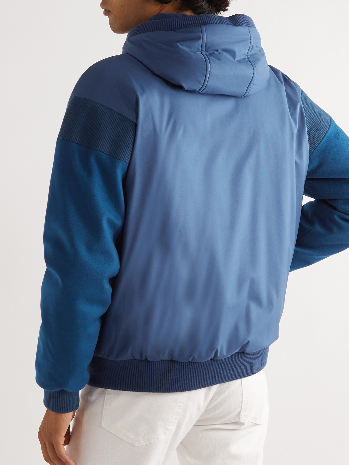 Shop Loro Piana Wallace Panelled Storm System® Nylon And Cashmere Hooded Bomber Jacket In Blue
