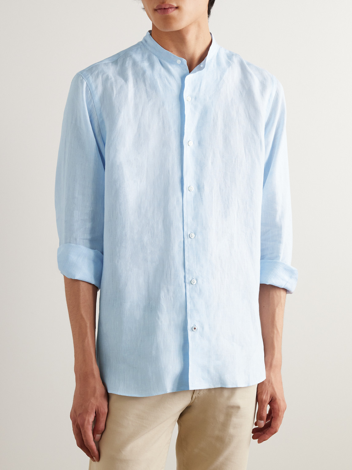 Shop Loro Piana Arizona Grandad-collar Linen Shirt In Blue