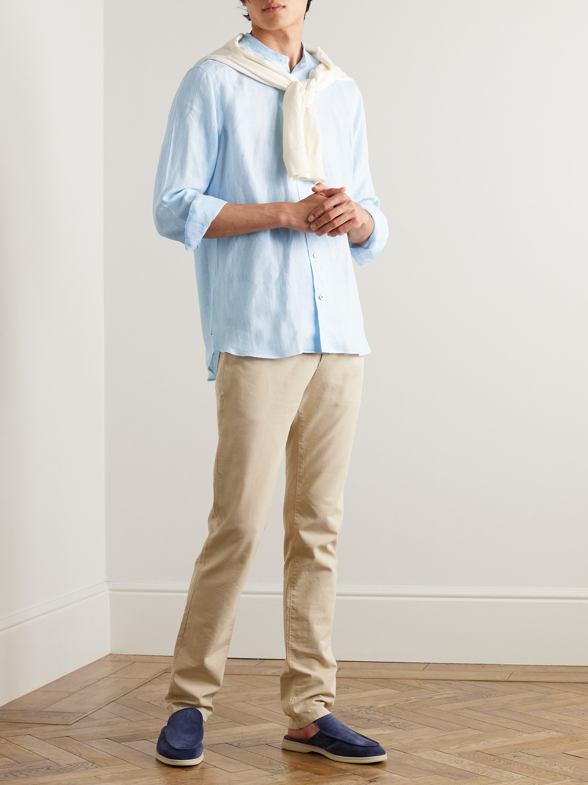 Shop Loro Piana Arizona Grandad-collar Linen Shirt In Blue