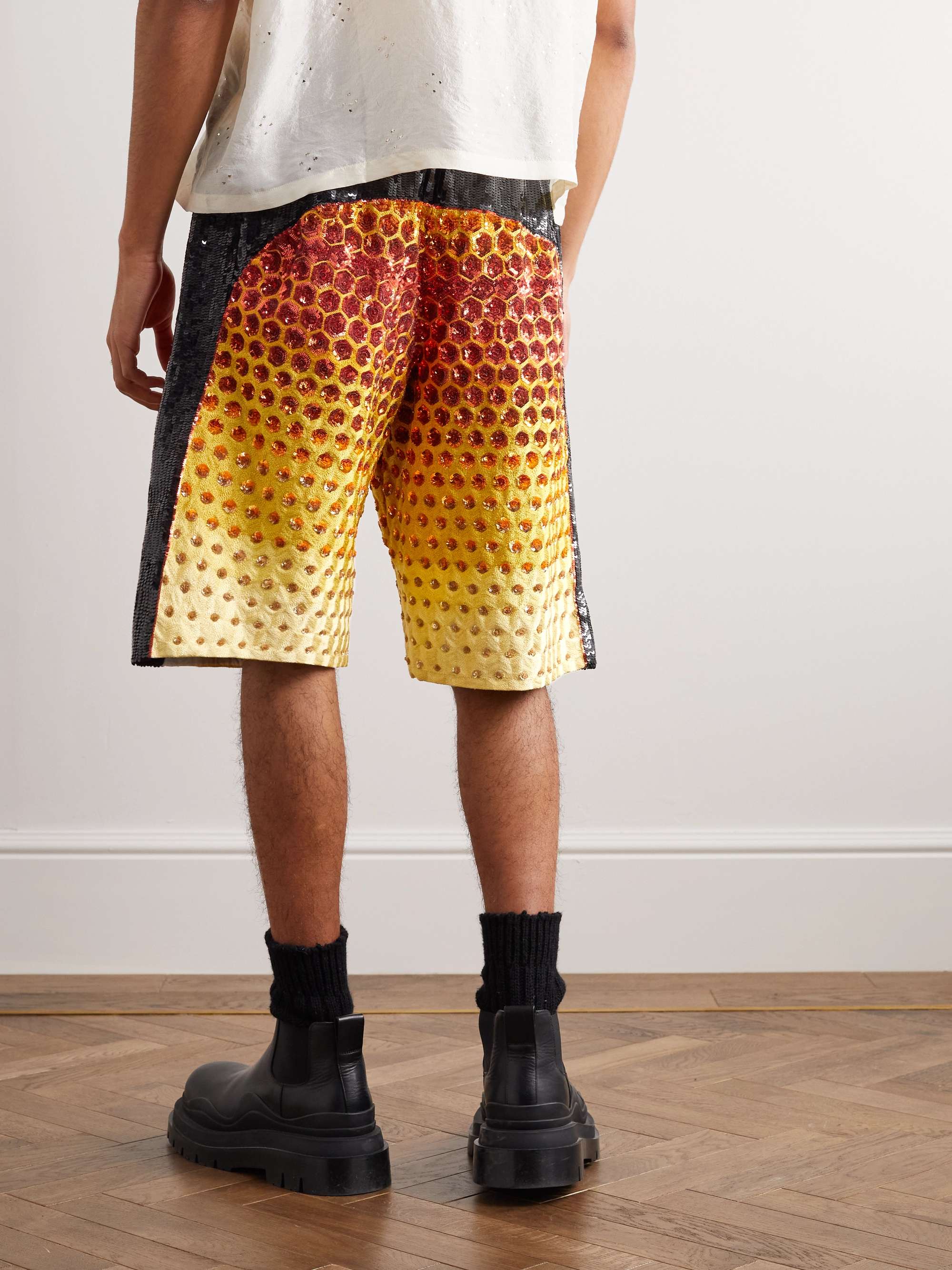 DRIES VAN NOTEN Wide-Leg Panelled Ombré Sequinned Cotton-Canvas Shorts