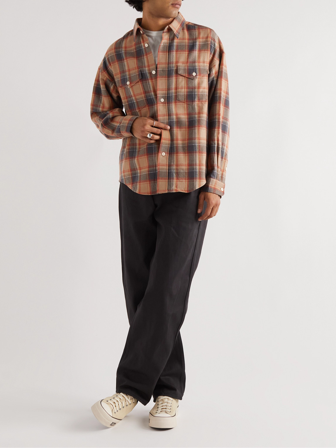 Shop Visvim Frontier Checked Wool And Linen-blend Flannel Shirt In Orange