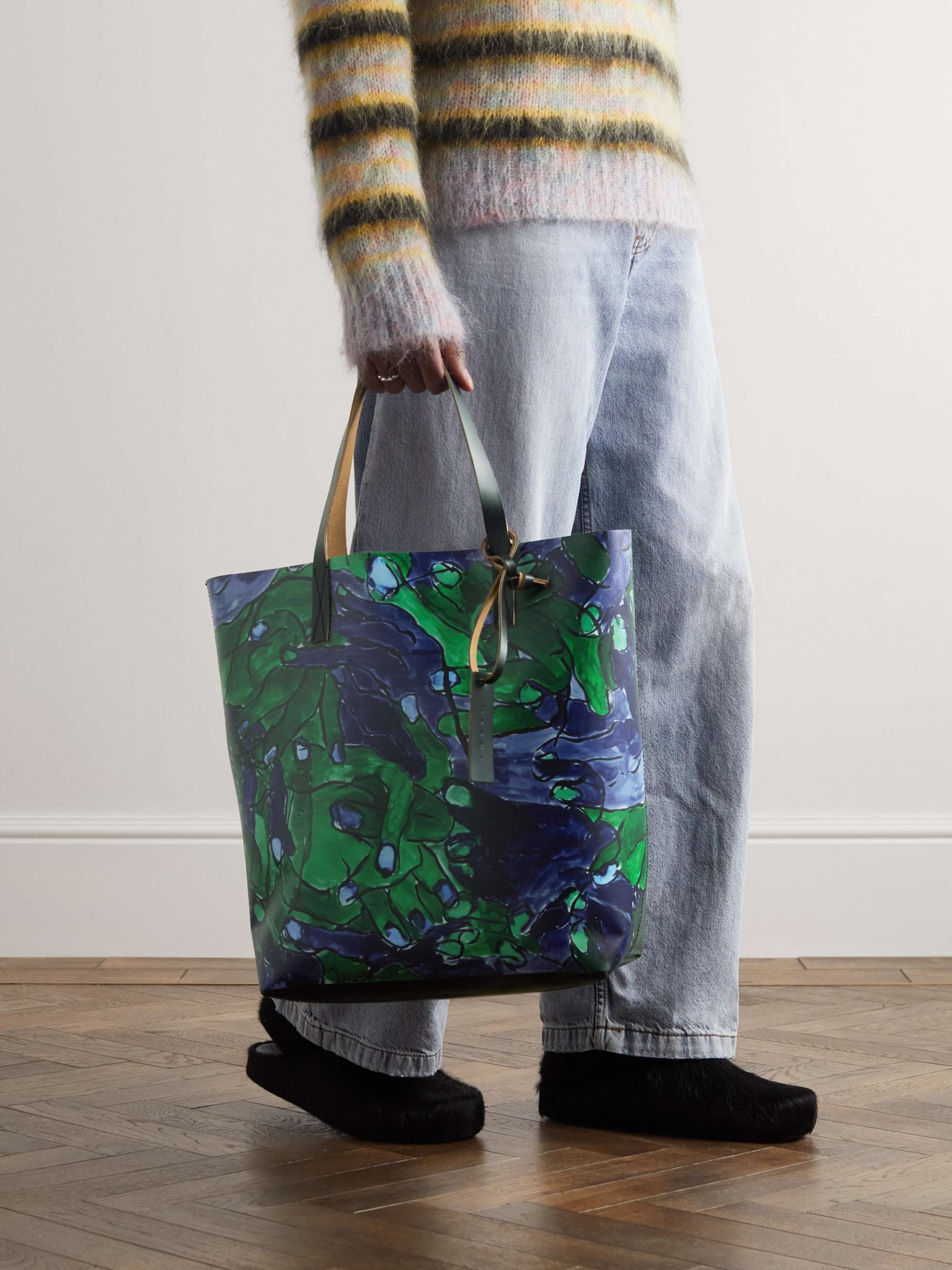 MARNI North/South Leather-Trimmed Printed Shell Tote Bag