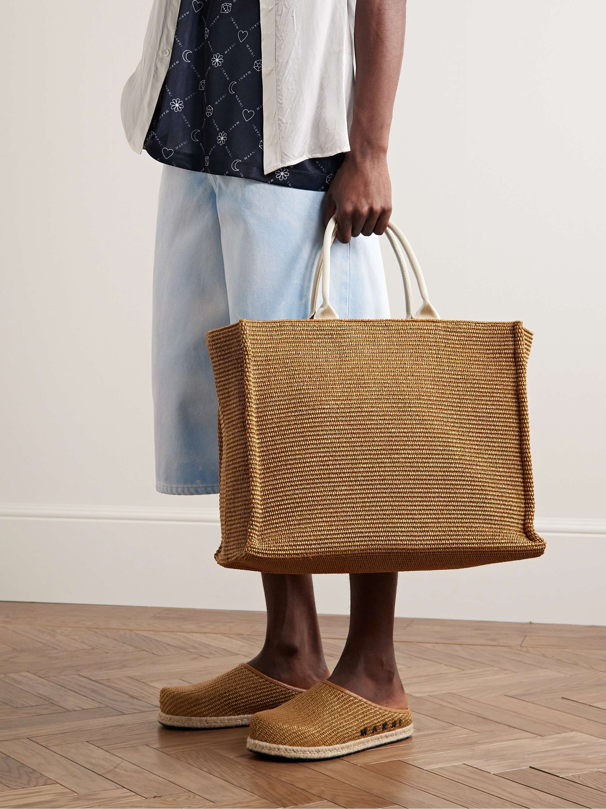 MARNI Webbing-Trimmed Woven Raffia Tote Bag