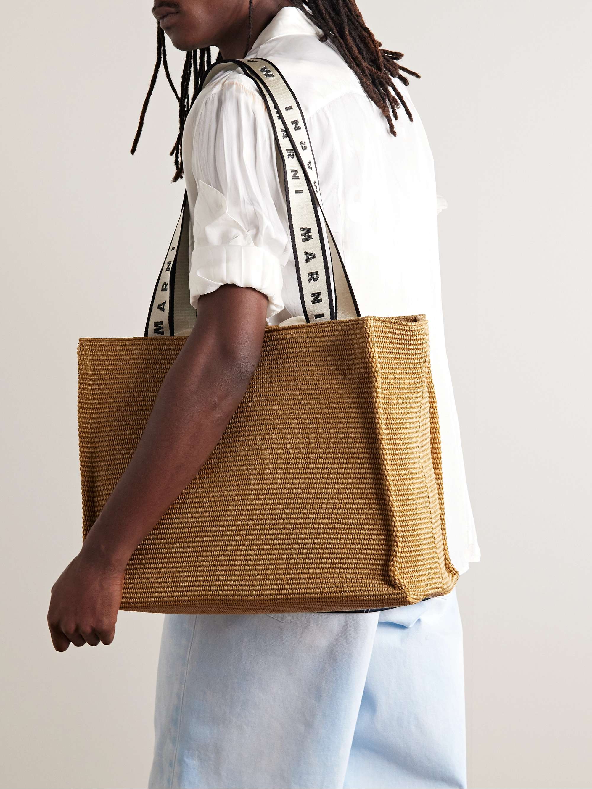 MARNI Webbing-Trimmed Woven Raffia Tote Bag