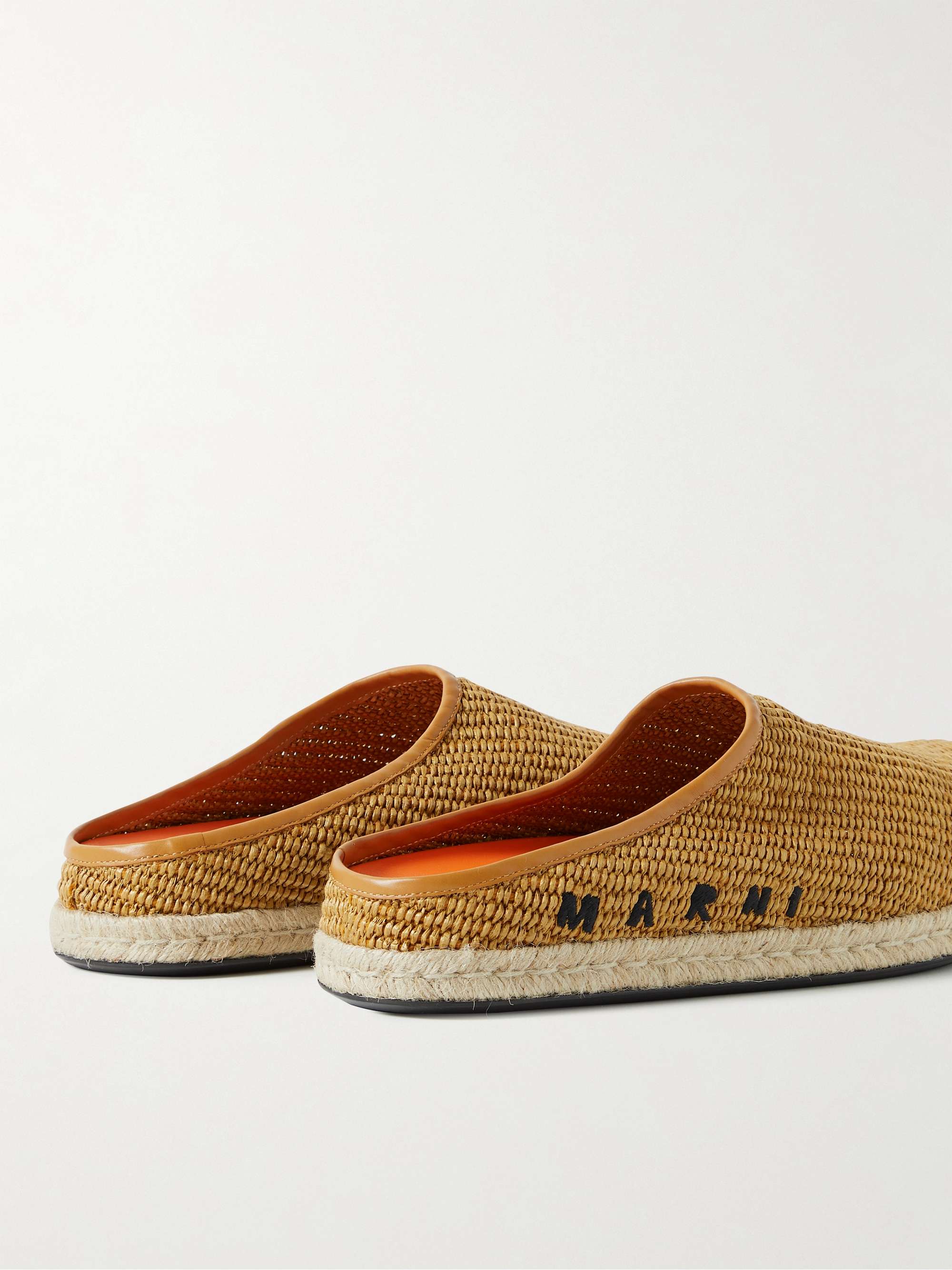 MARNI Fussbett Leather-Trimmed Logo-Embroidered Faux Raffia Mules