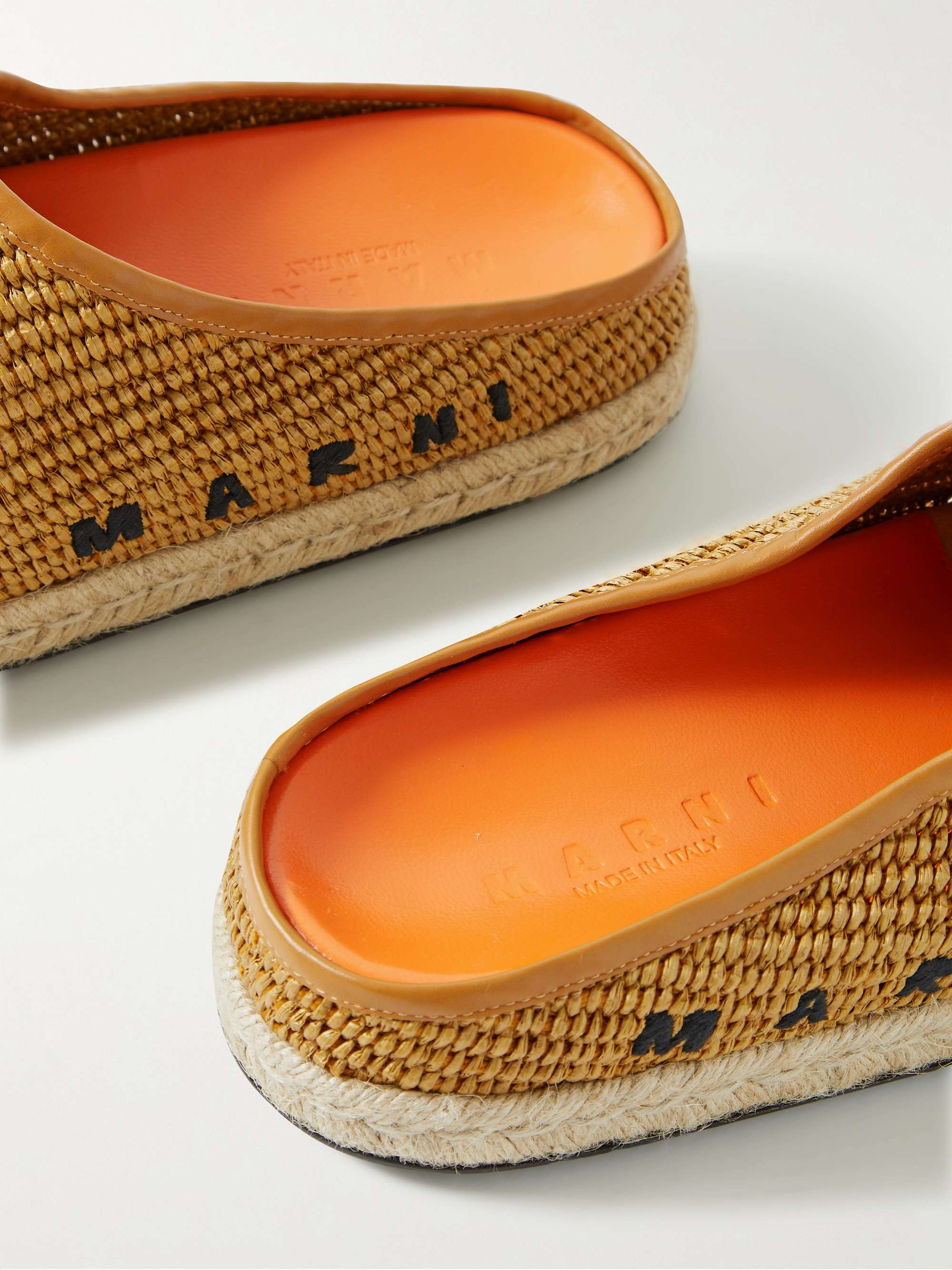 MARNI Fussbett Leather-Trimmed Logo-Embroidered Faux Raffia Mules