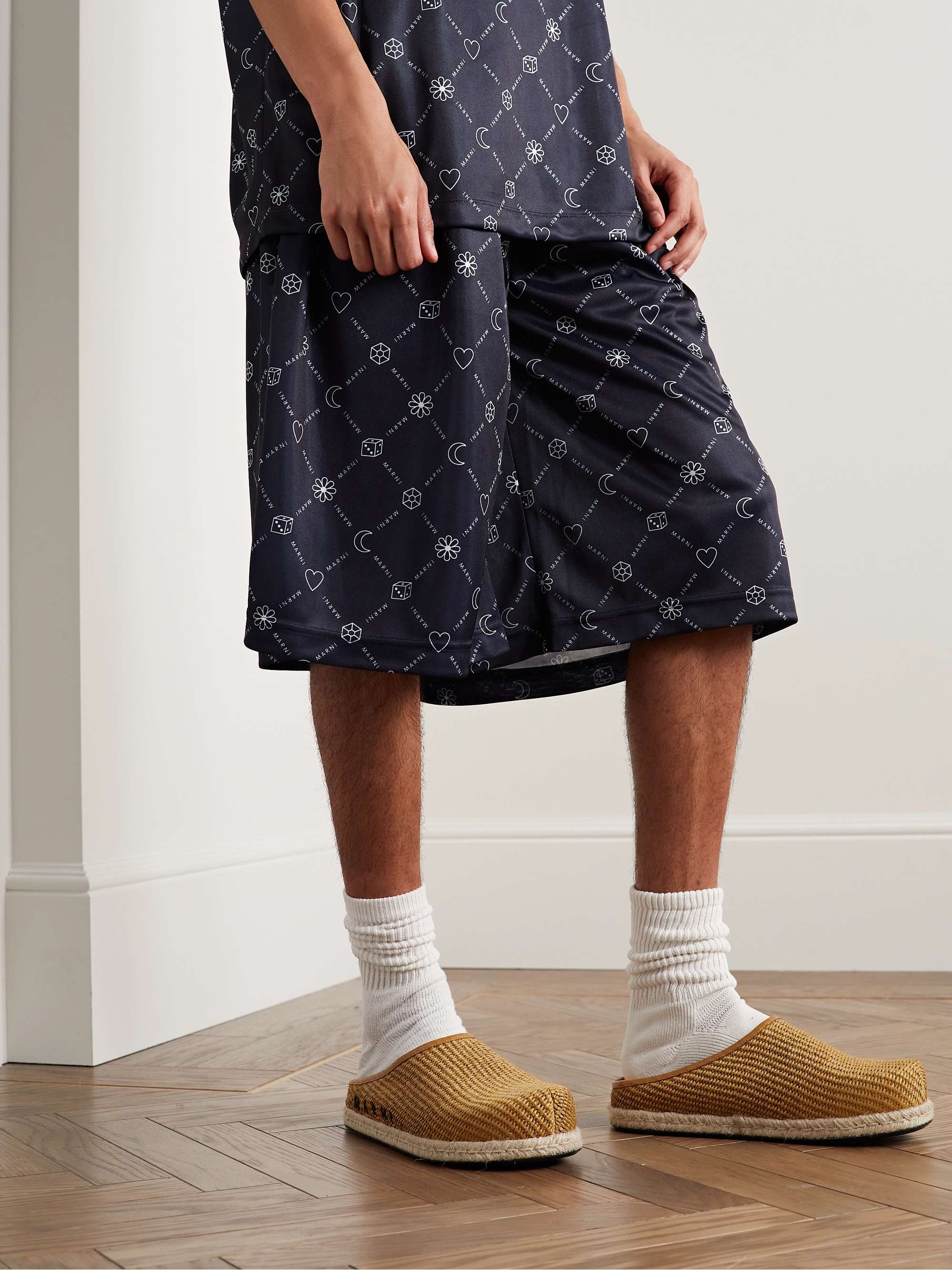 MARNI Fussbett Leather-Trimmed Logo-Embroidered Faux Raffia Mules
