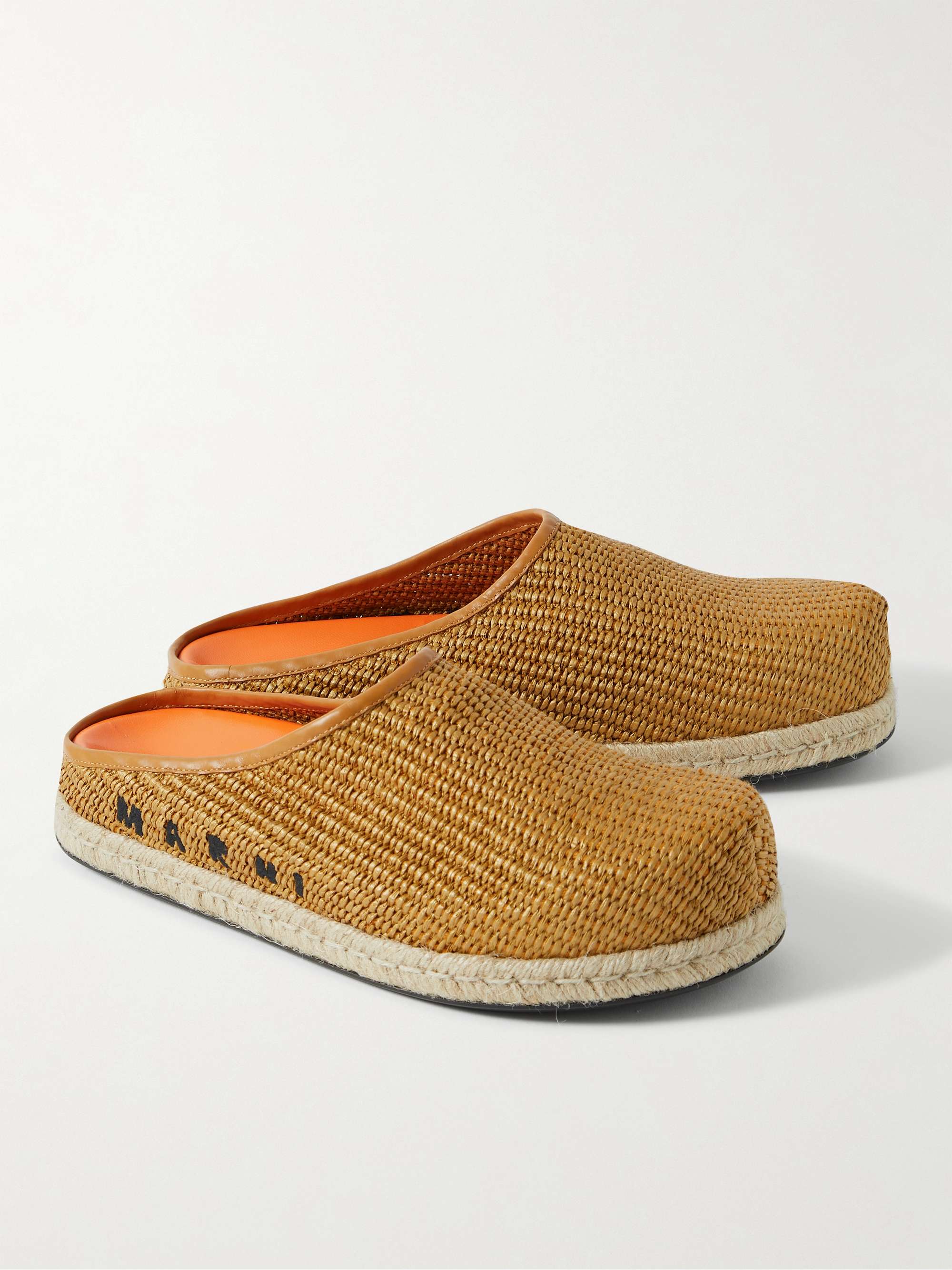 MARNI Fussbett Leather-Trimmed Logo-Embroidered Faux Raffia Mules