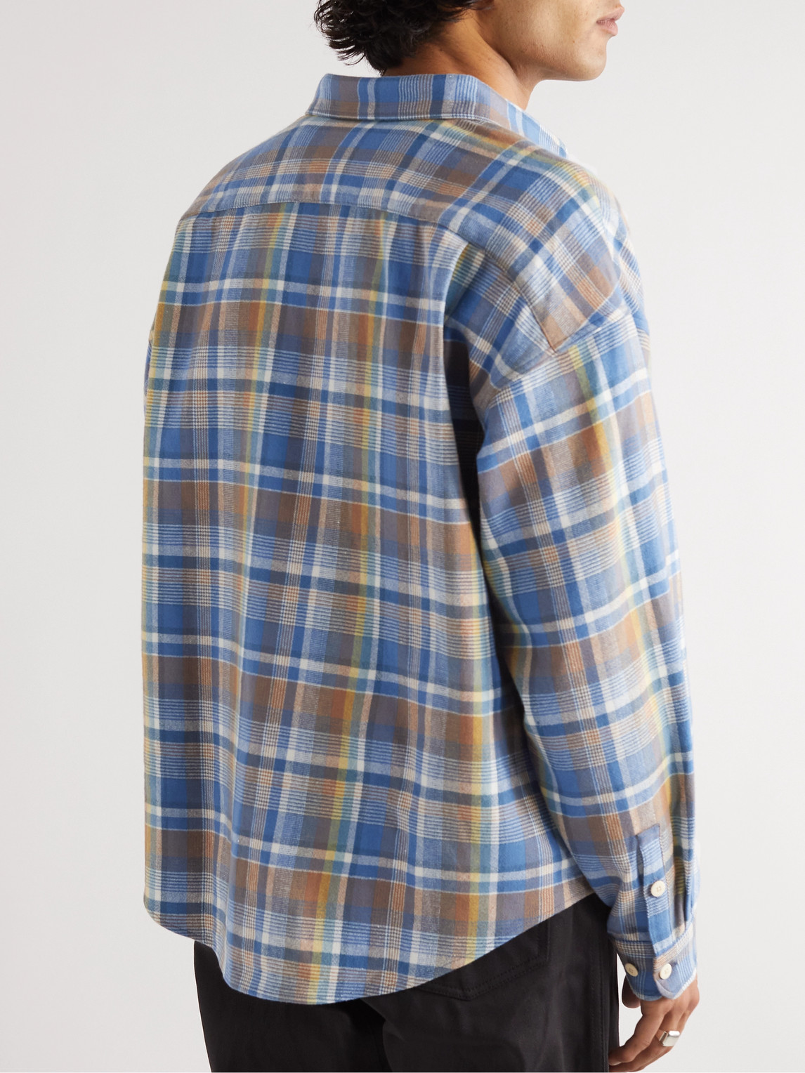 Shop Visvim Frontier Checked Wool And Linen-blend Flannel Shirt In Blue