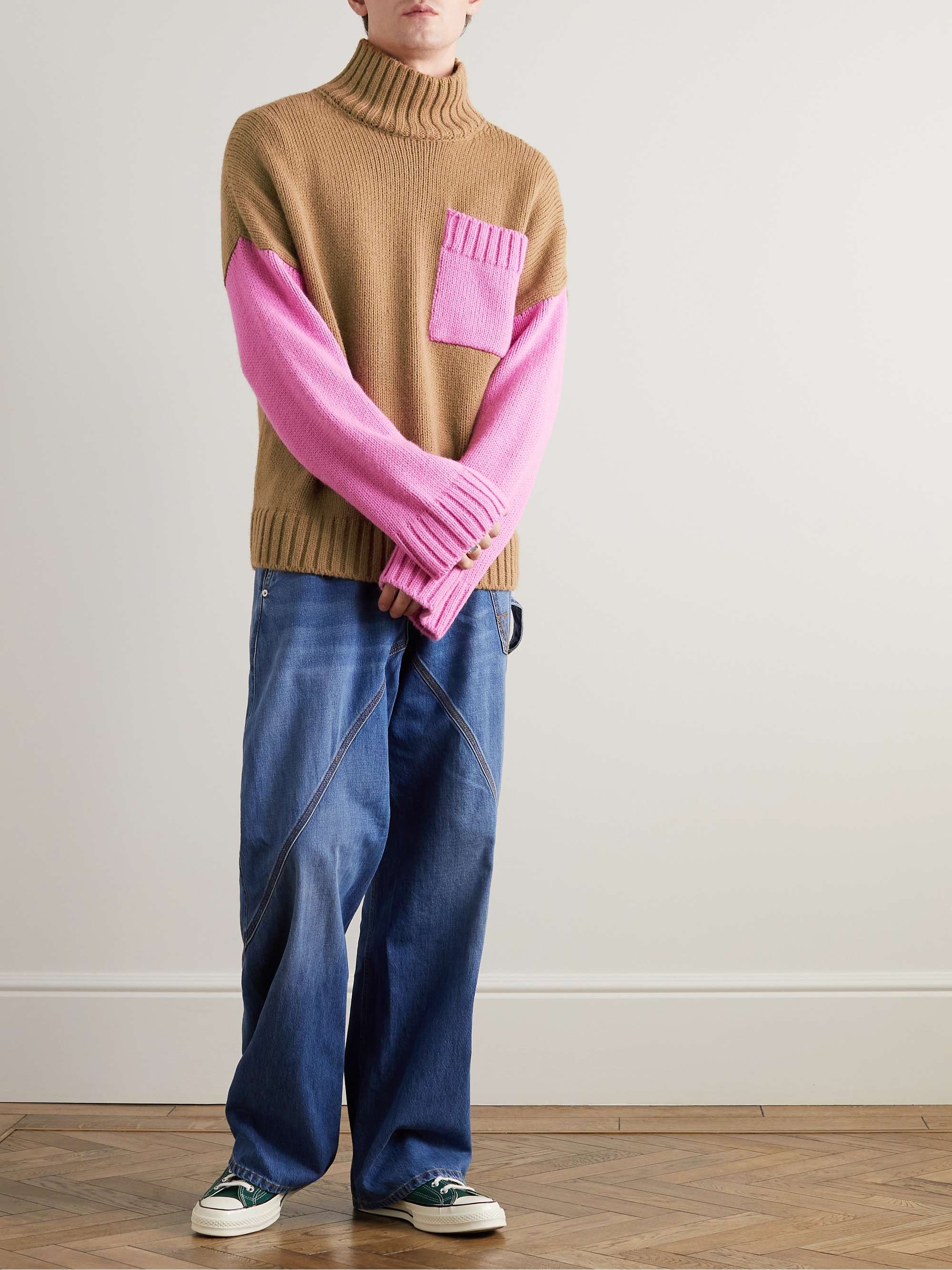 JW ANDERSON Oversized Logo-Embroidered Two-Tone Knitted Rollneck Sweater