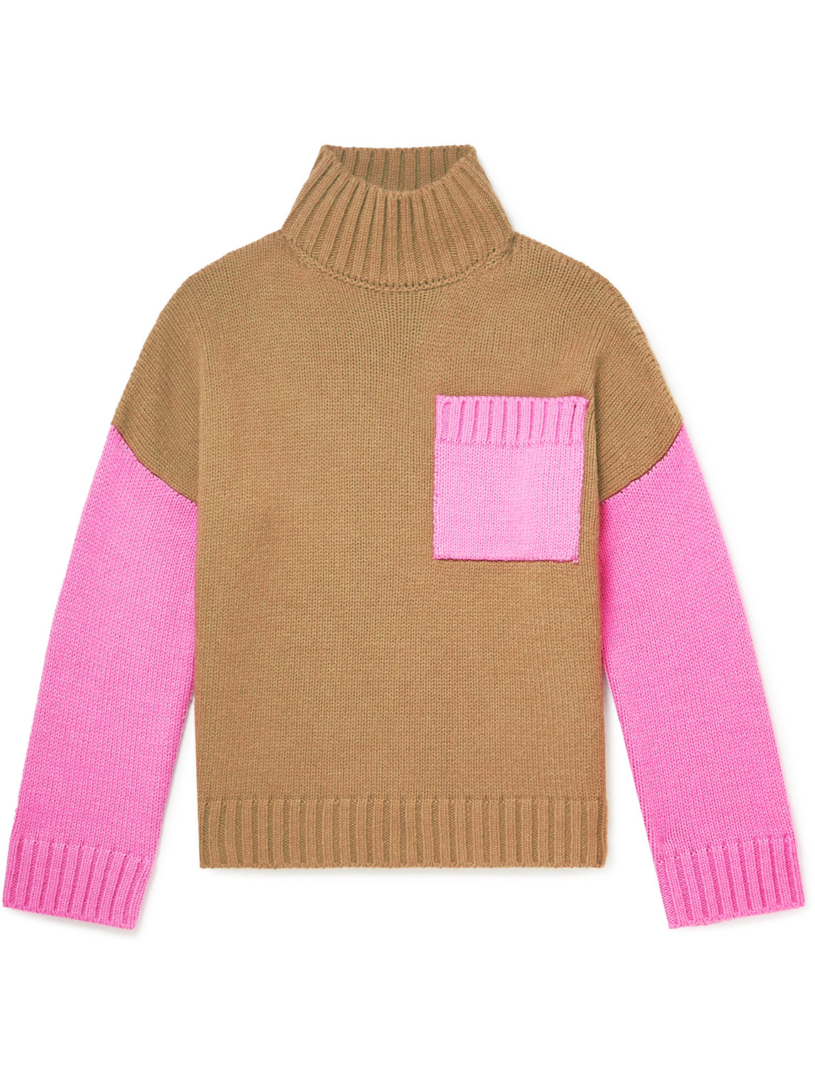 JW ANDERSON OVERSIZED LOGO-EMBROIDERED TWO-TONE KNITTED ROLLNECK SWEATER