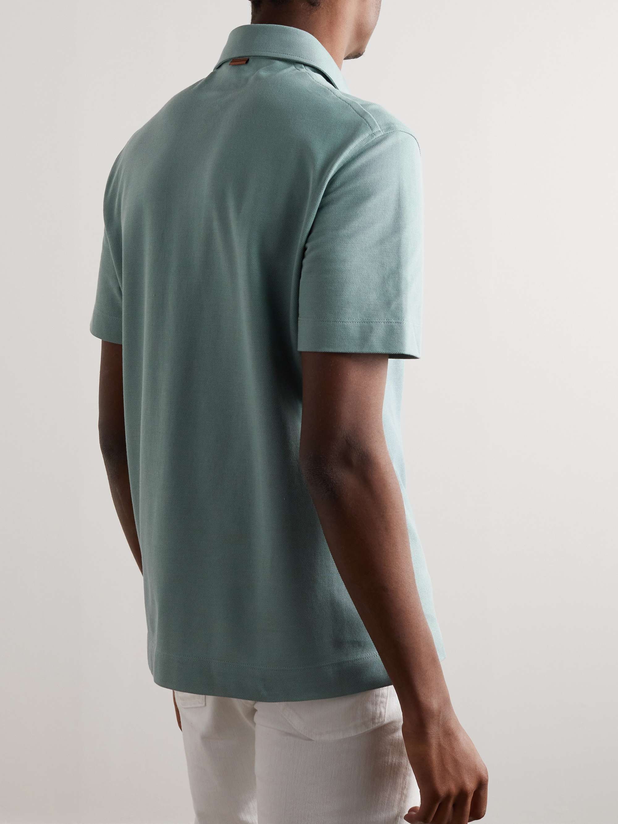 ZEGNA Leather-Trimmed Cotton-Piqué Polo Shirt
