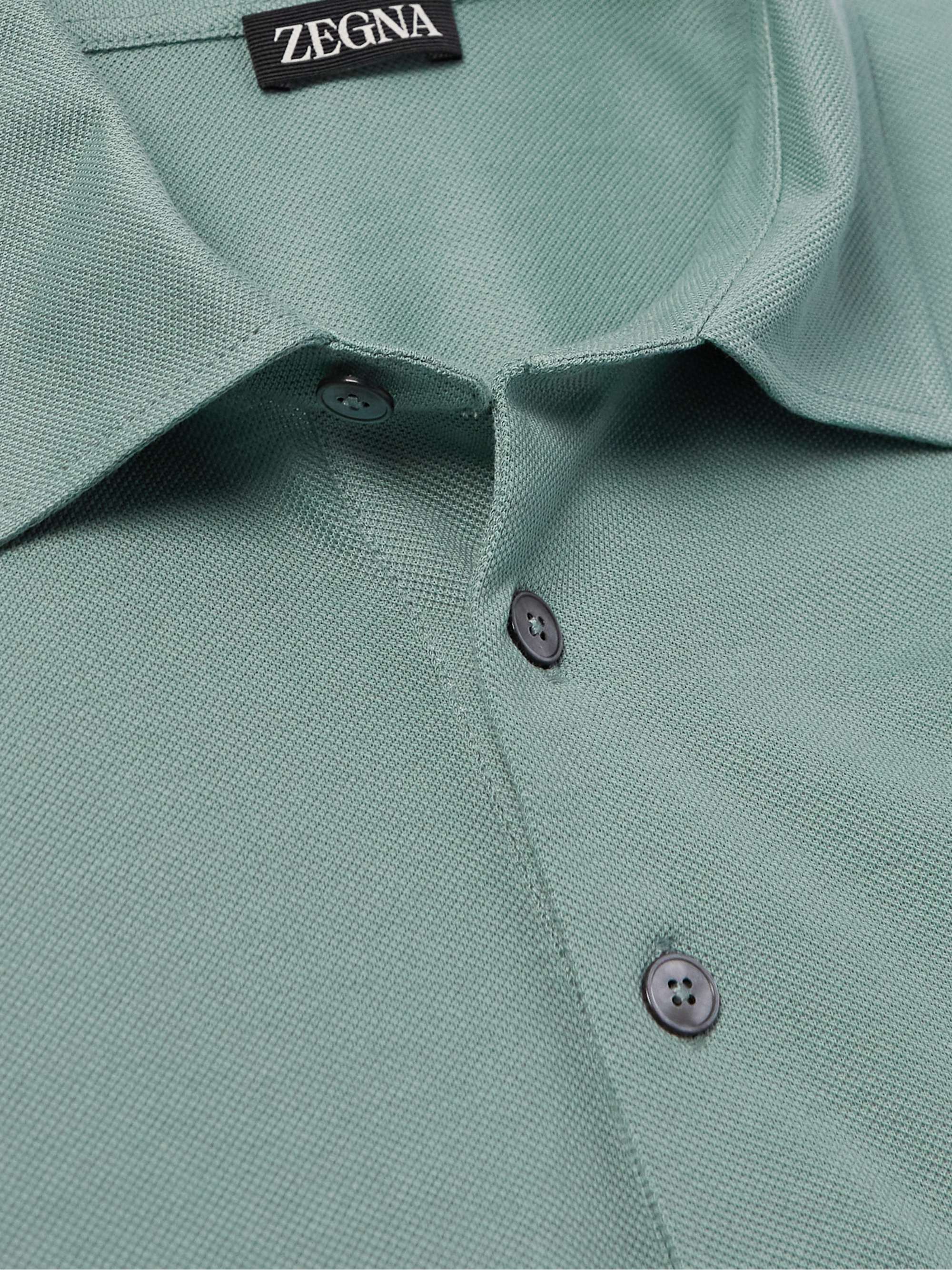 ZEGNA Leather-Trimmed Cotton-Piqué Polo Shirt