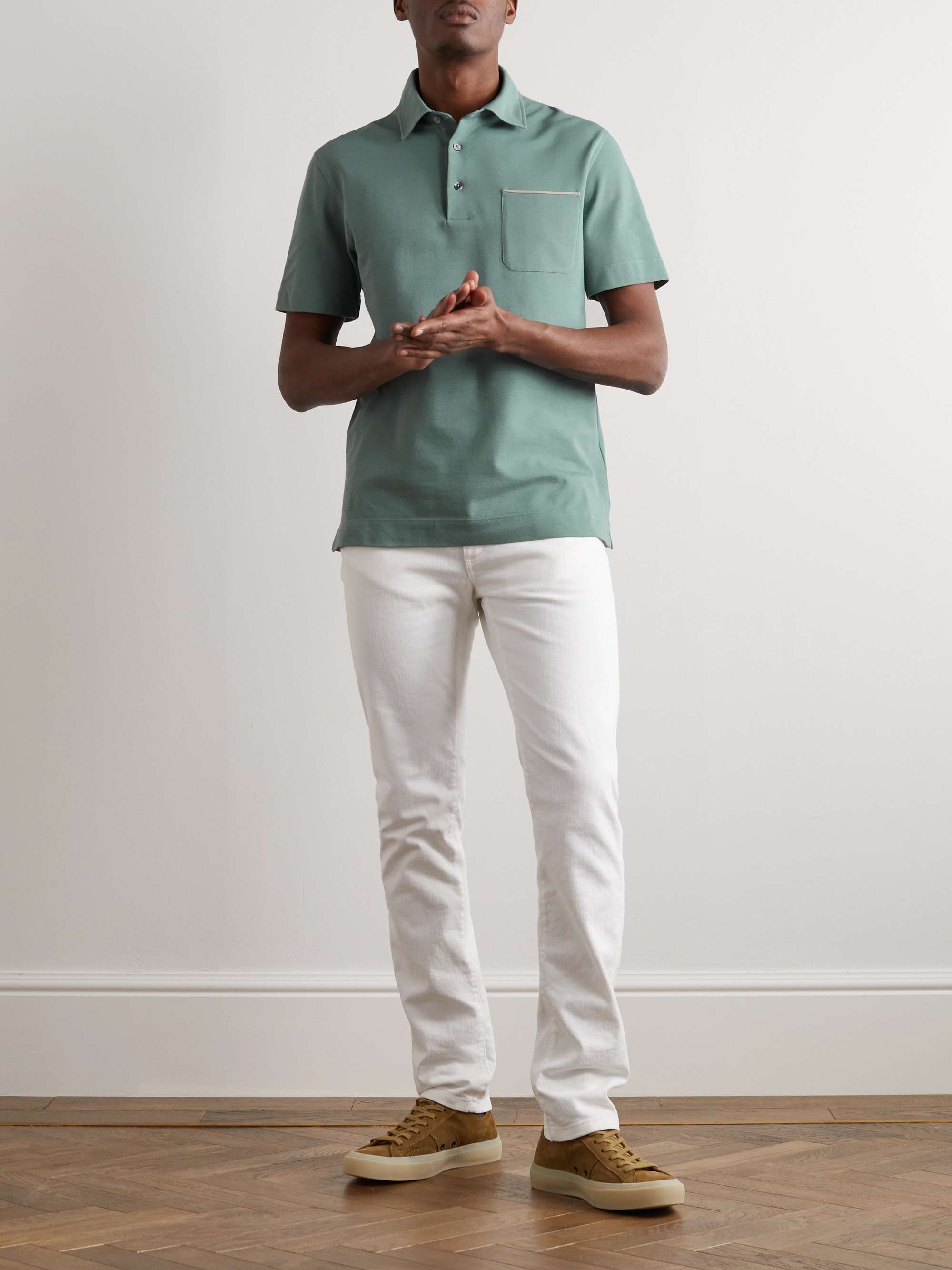 ZEGNA Leather-Trimmed Cotton-Piqué Polo Shirt
