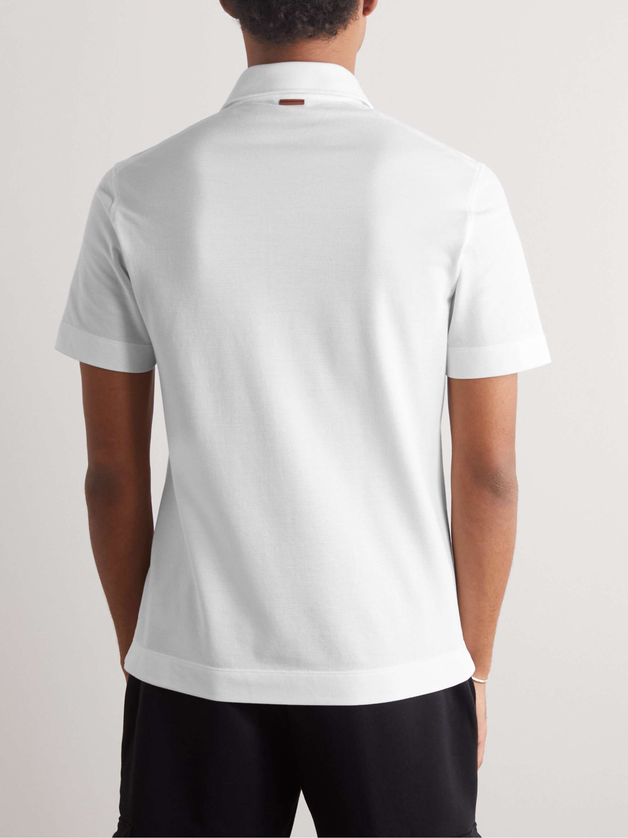 ZEGNA Leather-Trimmed Cotton-Piqué Polo Shirt