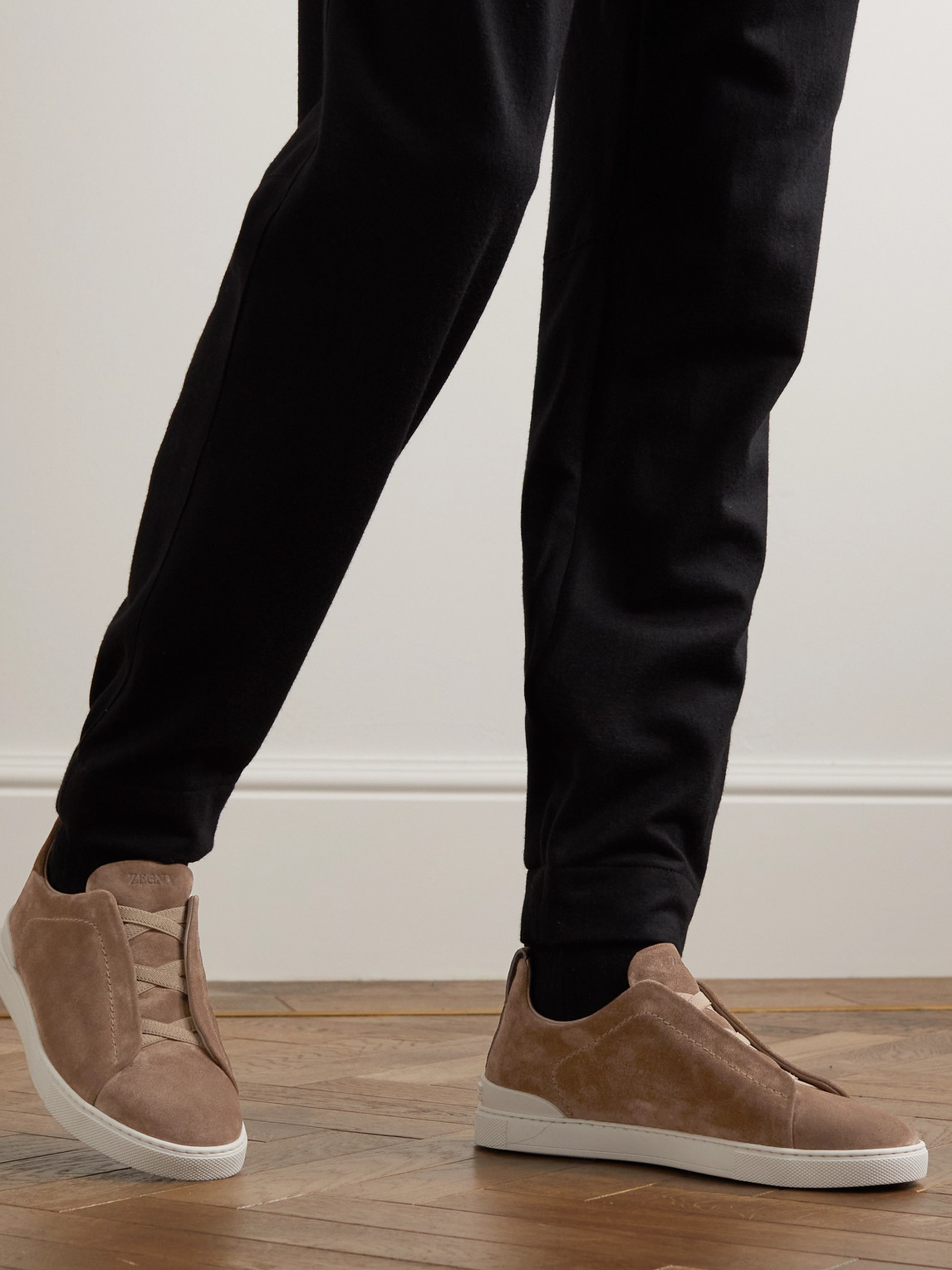 Zegna Camel Suede Triple Stick Sneakers In Brown